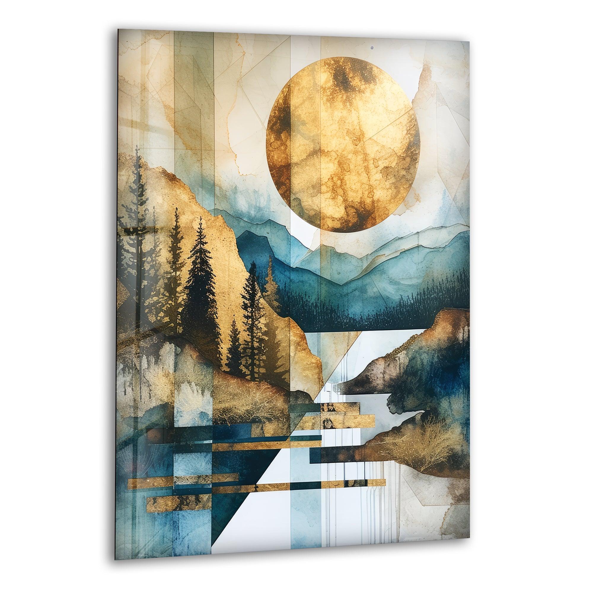 Abstract Golden Sun Glass Wall Art - Geometric Mountain & Nature Landscape Decor for Living Room, Bedroom, Office - Modern Home & Office Decoration