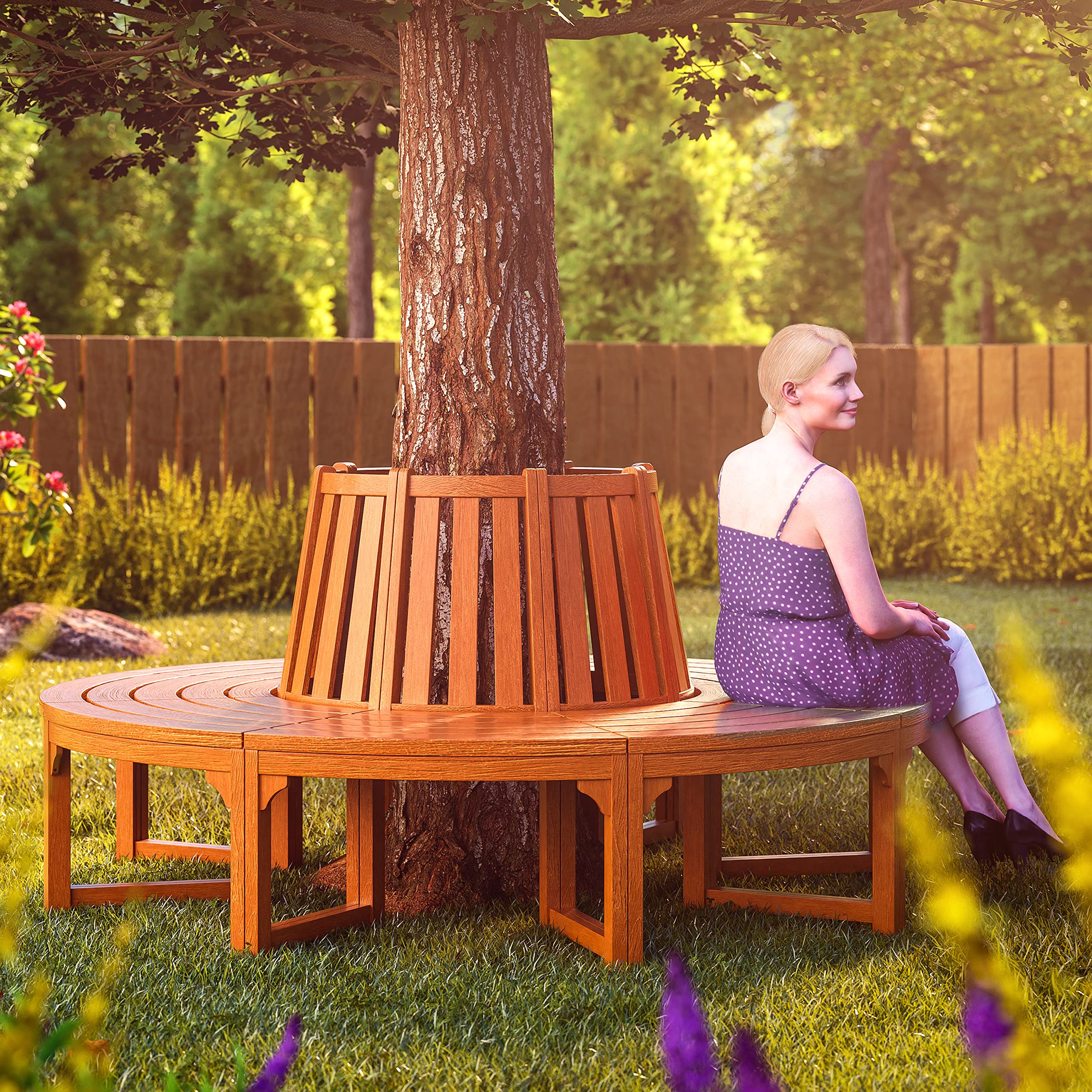 CASARIA® 160cm Round Tree Bench with Backrest - Weatherproof FSC® Certified Eucalyptus Wood Outdoor Garden Seat - Durable Brown Patio Furniture for Garden, Lawn, Park & Backyard Decor