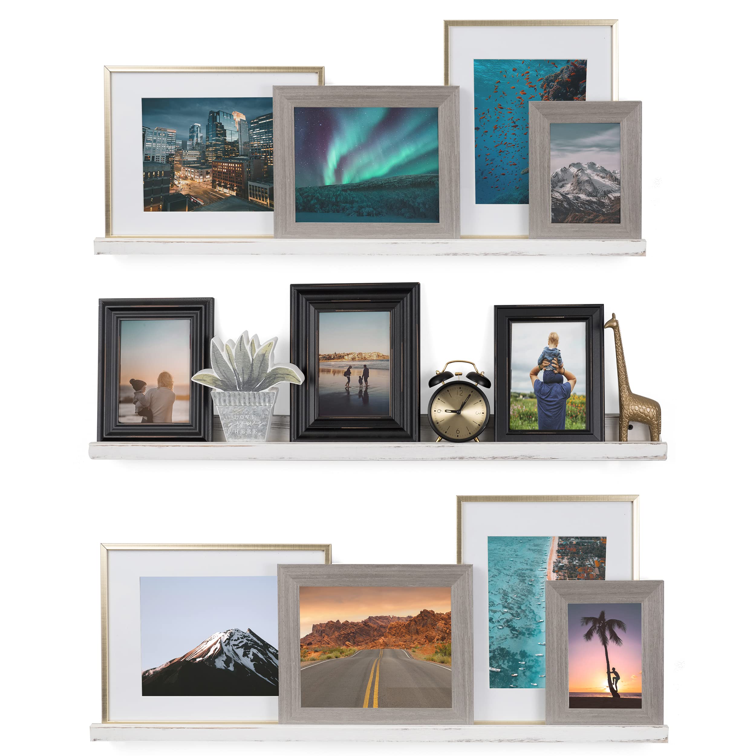 Rustic State Ted Wall Mount Narrow Picture Ledge Shelf - 36 Inch Floating Wooden Shelf for Photo Frame Display - Set of 3 - Burnt White - Perfect for Living Room, Office, Kitchen, Bedroom & Bathroom Décor - Ideal for Showcasing Family Photos, Artwork and Decorative Items