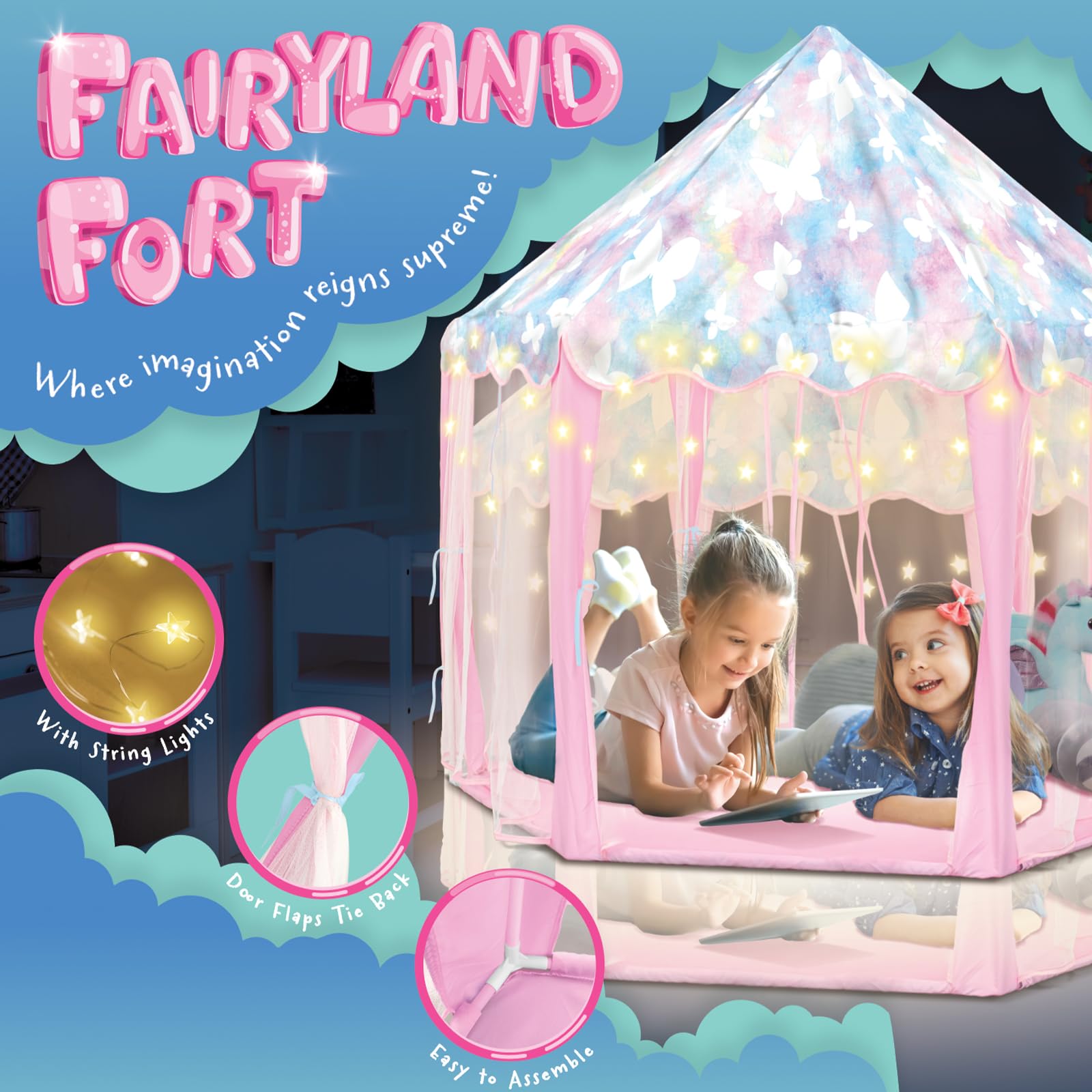Heyu! Fairyland Fort Playhouse Play Tent with Star Lights - Indoor & Outdoor Kids Play Tent, Butterfly Princess Castle Toy for Girls & Boys - Perfect for Birthday Gifts, Pretend Play, Bedroom Decor & Backyard Fun