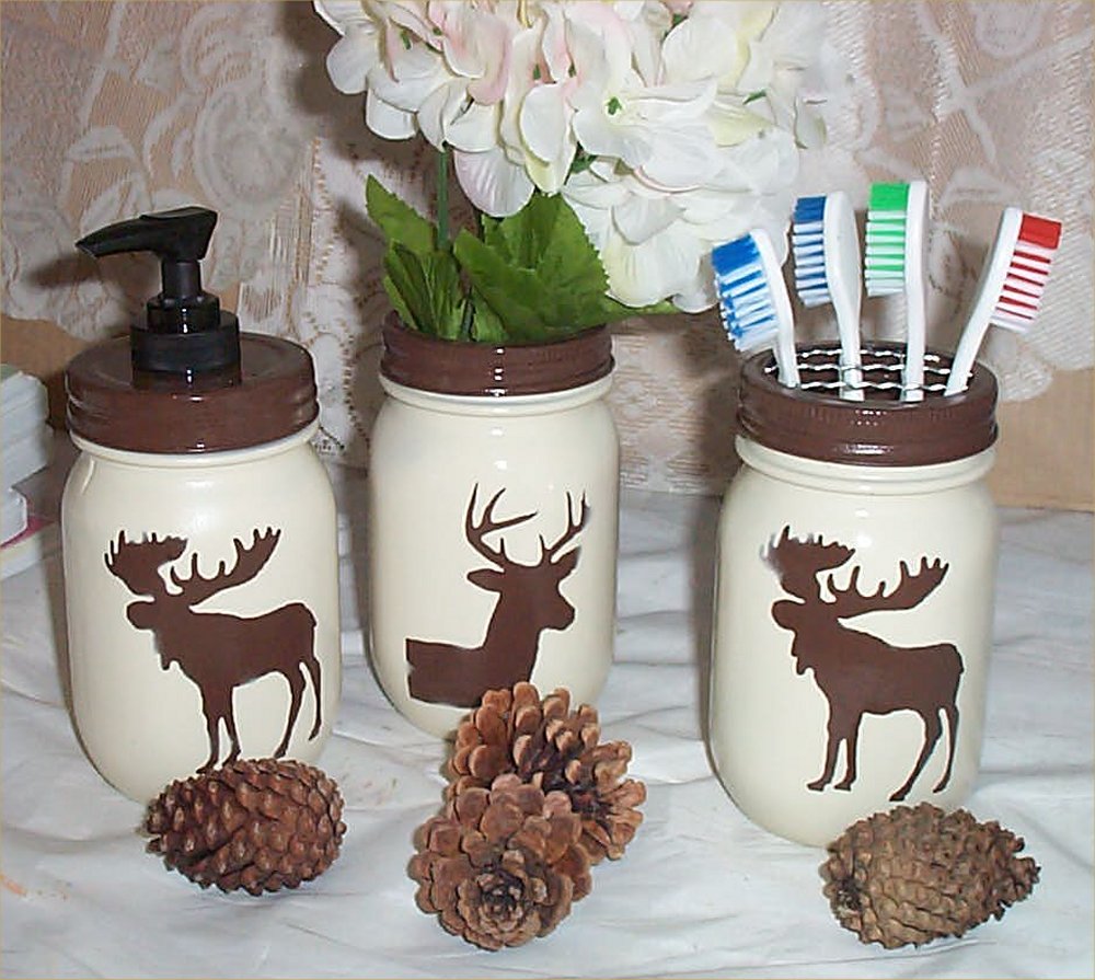 Vintage Distressed Mason Jars - Farmhouse Style Soap Dispenser & Toothbrush Holder with Rustic Moose Deer Design, Perfect for Bathroom, Kitchen, and Country Home Decor