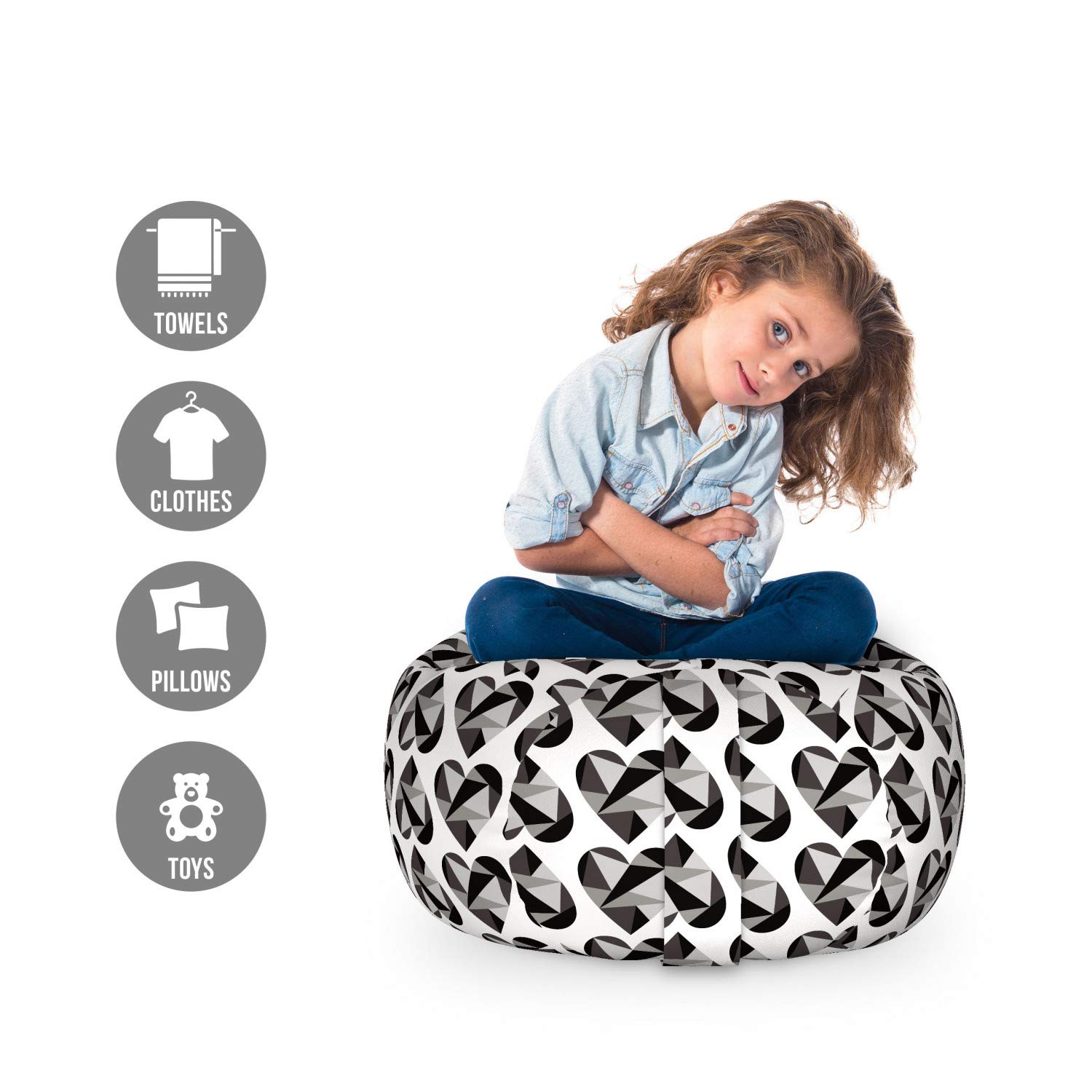 Ambesonne Hearts Storage Toy Bag Chair - Polygonal Geometric Design Triangular Love Pattern Stuffed Animal Organizer, Washable Small Size Grey White - Perfect for Kids' Room, Nursery, Playroom & Toy Storage Organization