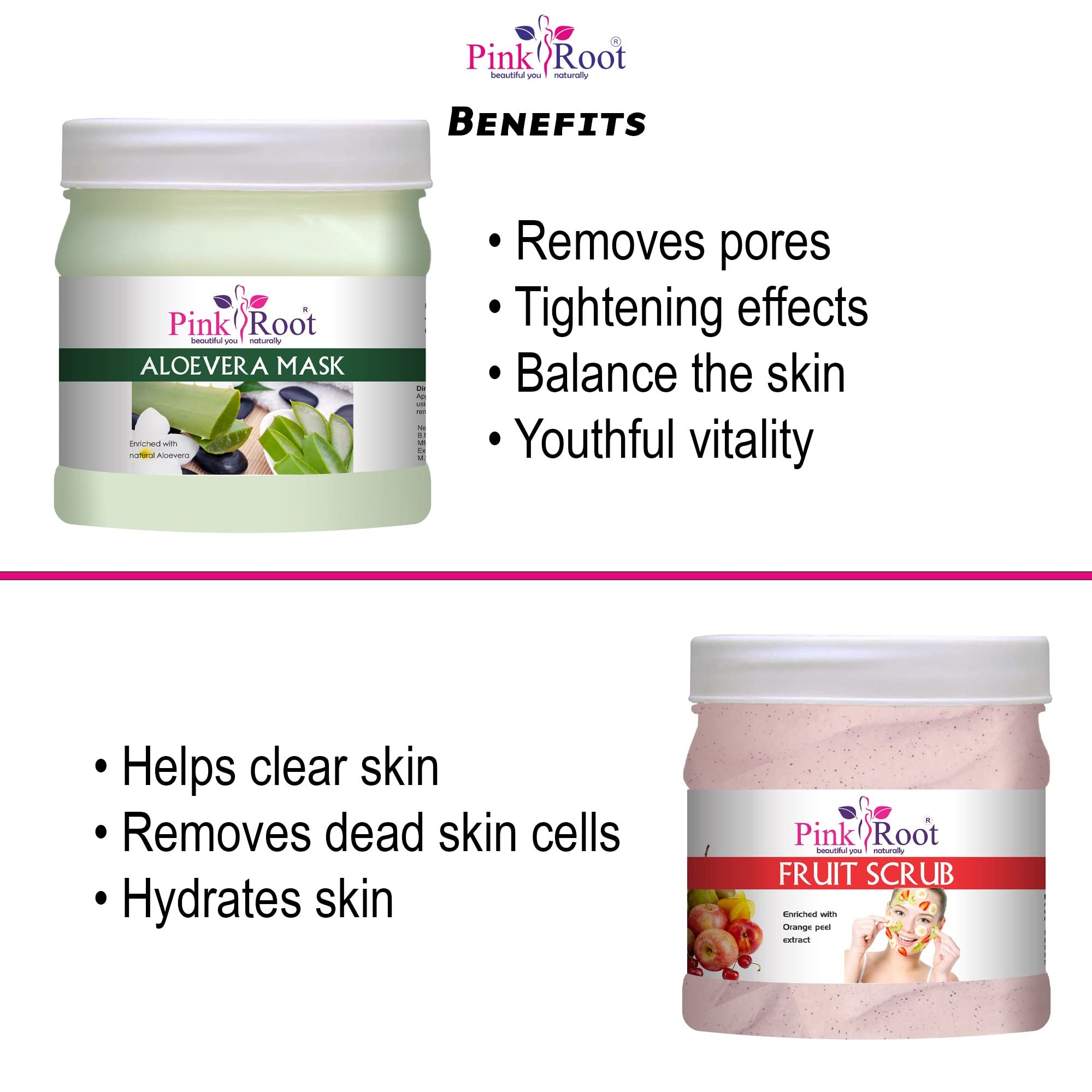 Organic Pink Root Aloe Vera Face Mask & Fruit Scrub Set - 500gm Each for Hydrating, Exfoliating & Brightening Skin | Perfect for Spa Day, Self-Care Routine & Glowing Skin Treatment