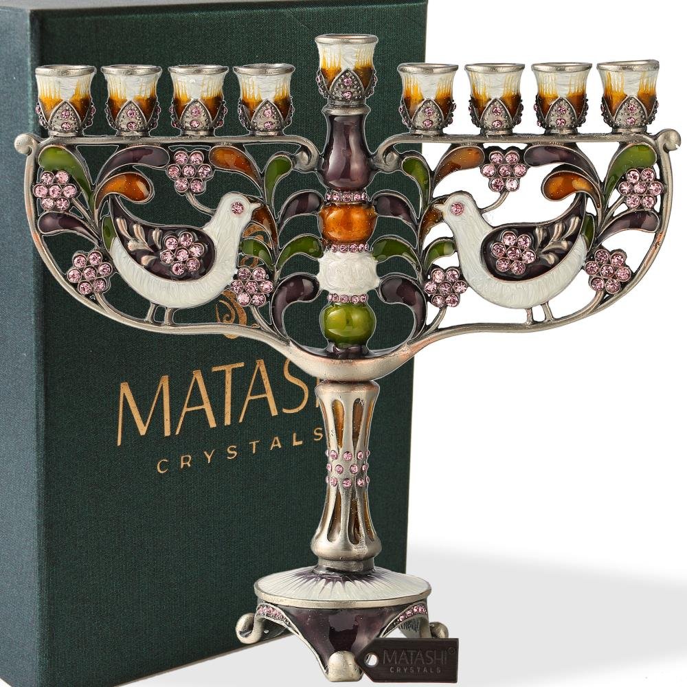 Hand-Painted Enamel Menorah Candelabra with Dove & Floral Design - Gold Accented Crystal Hanukkah Menorah for Jewish Holiday Decor & Home Celebration