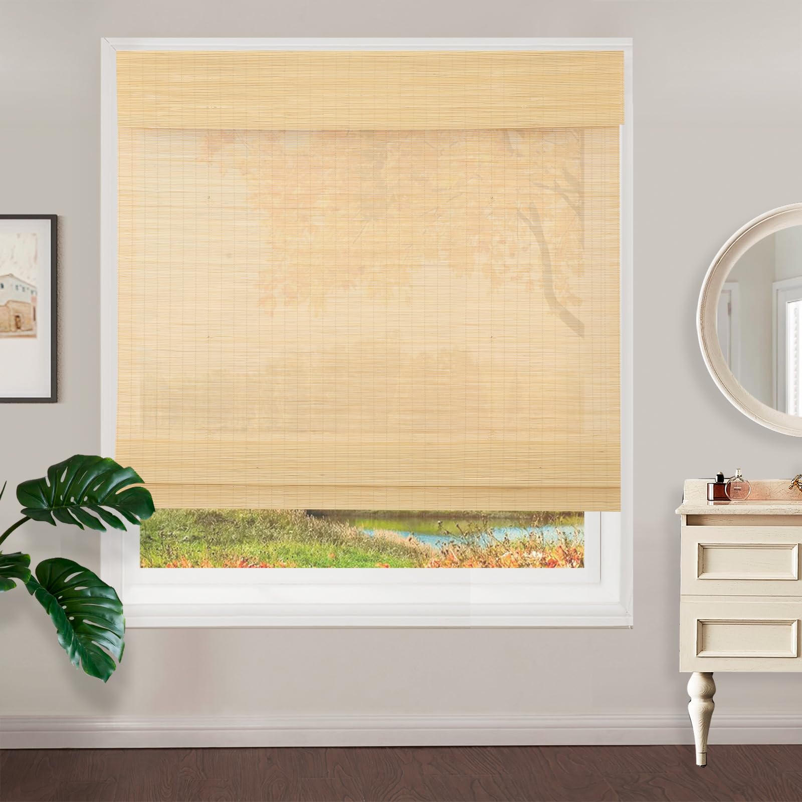 Cordless Bamboo Roman Shades for Windows - Light Filtering Roll Up Blinds with Valance | Kitchen, Living Room, Bedroom, Porch & Door Coverings | Natural Style & Privacy (Color 5)