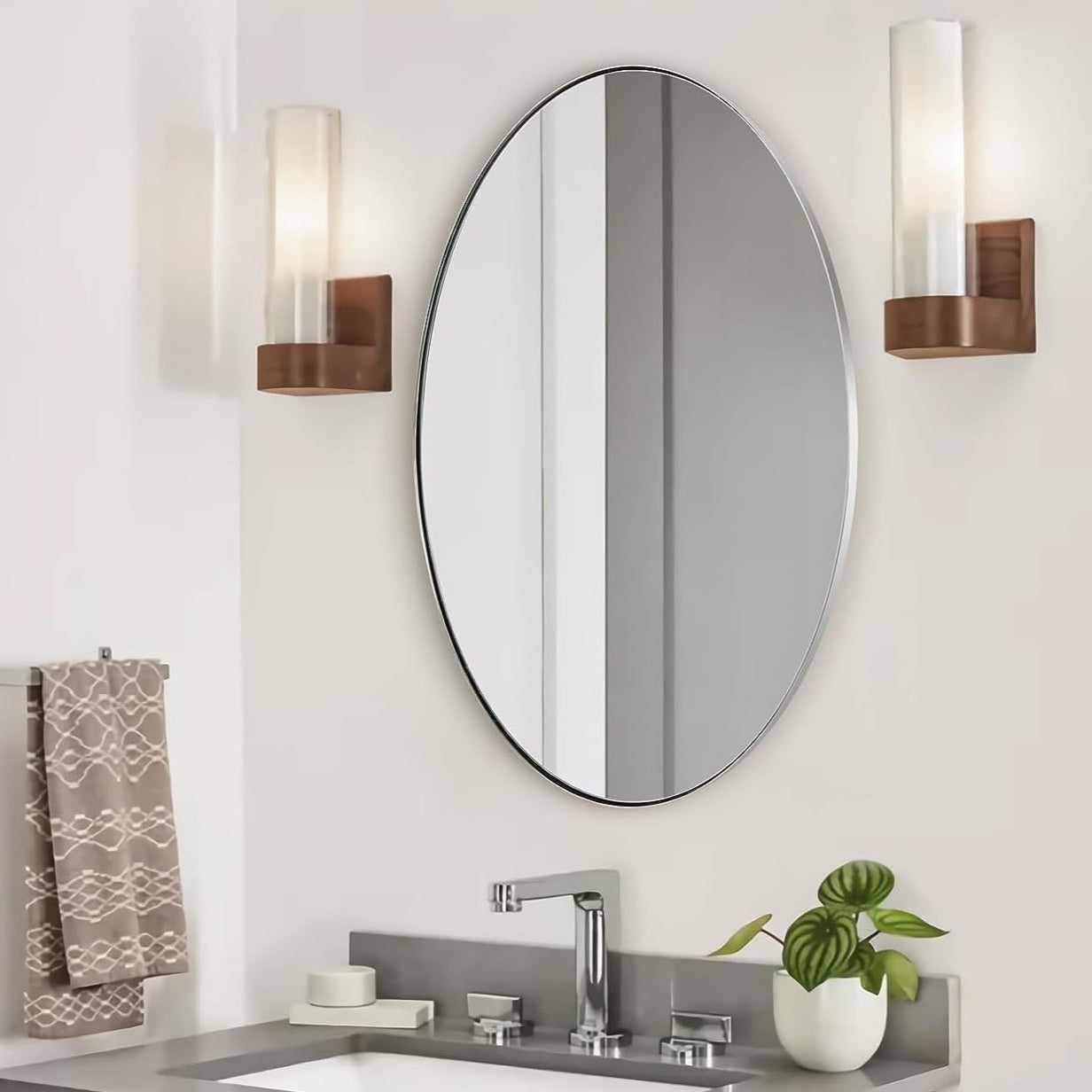 Modern Oval Bathroom Wall Mirrors - Stainless Steel Framed Vanity Mirror for Powder Room, Makeup & Shaving | Rust-Resistant, Shatterproof & Space-Saving Design