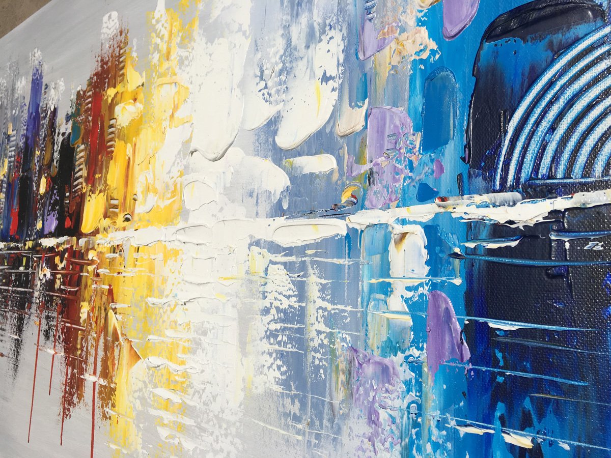 Hand Painted Modern Cityscape Oil Painting on Canvas - Abstract Reflection Wall Art Decor for Living Room - 48x24 Inch Large Contemporary Home Decor