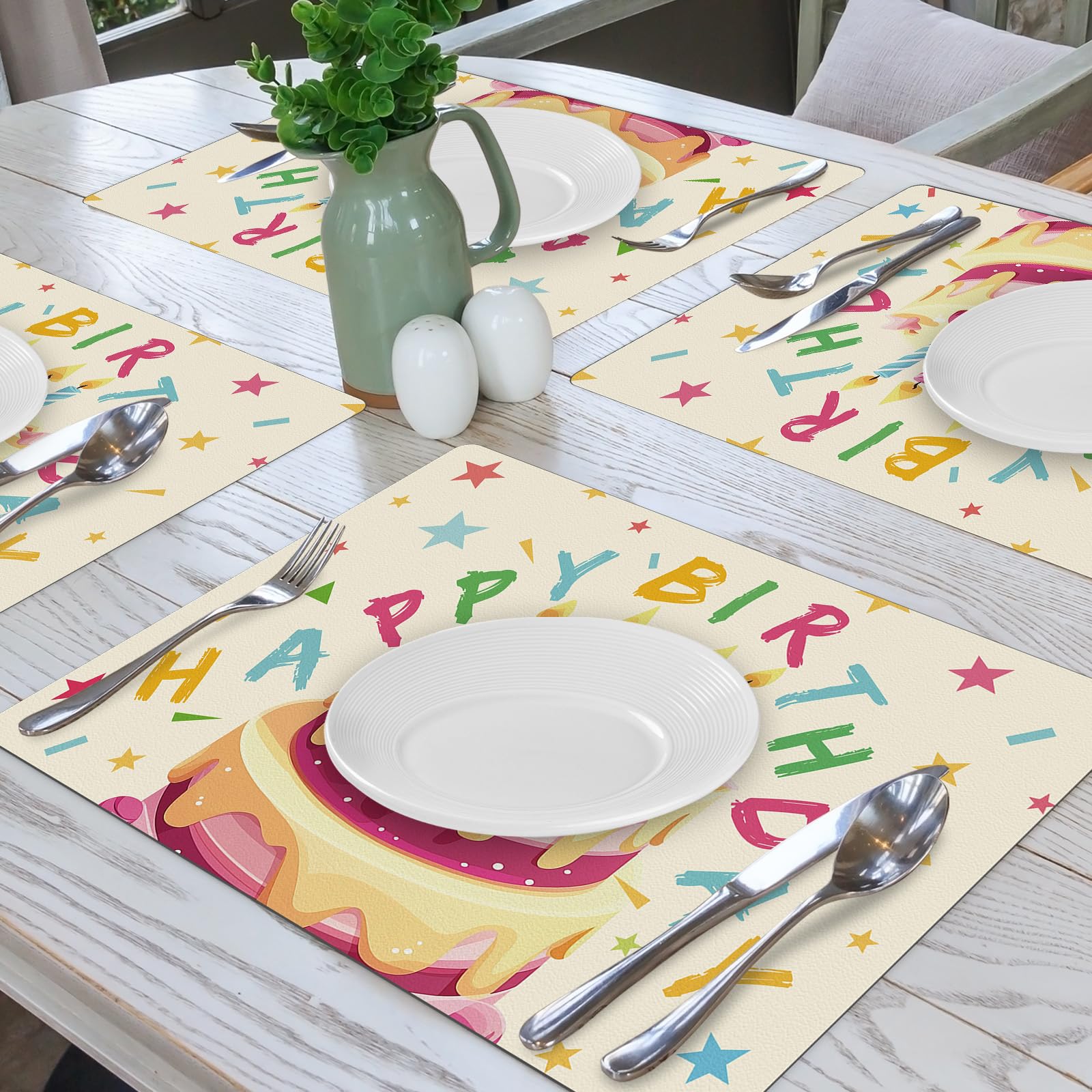 4-Pack Birthday Party Placemats - Faux Leather Table Mats for Indoor/Outdoor Use | Washable, Non-Slip & Heat Resistant | Perfect for Birthday Celebrations, Kitchen Dining, and Outdoor Gatherings
