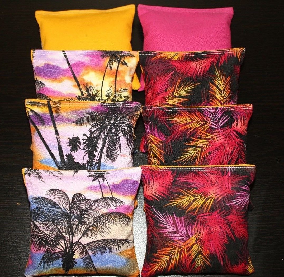 Premium Resin-Filled Tropical Island Beach Paradise Cornhole Bags - Set of 8 for Outdoor Games, Beach Parties, Backyard BBQs & Tailgating Events