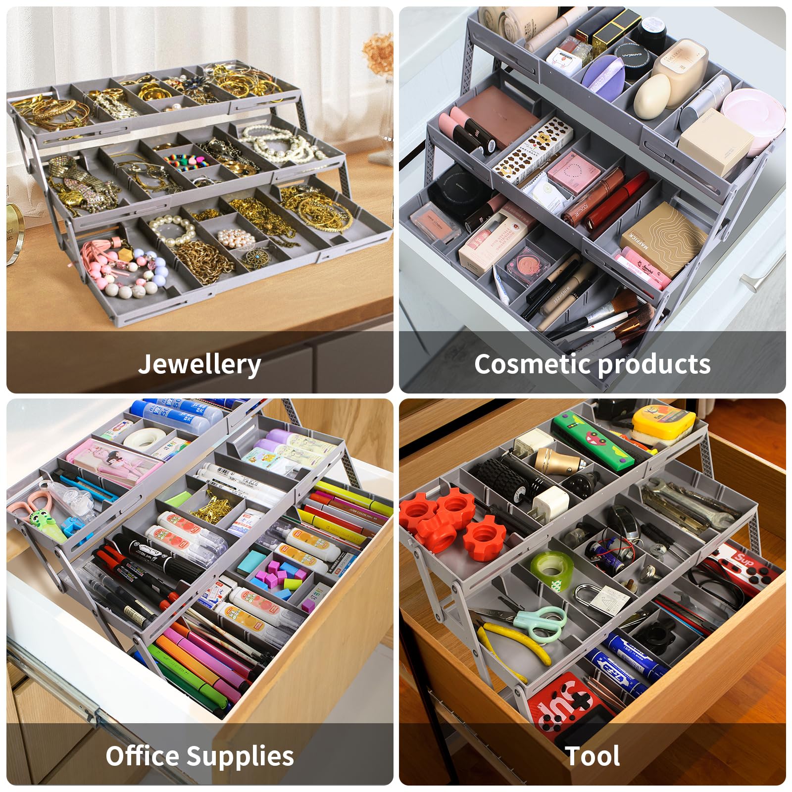 3-Tier Expandable Drawer Organizer - Multi-Level Folding Smart Storage for Makeup, Jewelry, Office & Desk Drawers (Grey) | Space-Saving Solution for Bedroom, Bathroom & Closet Organization