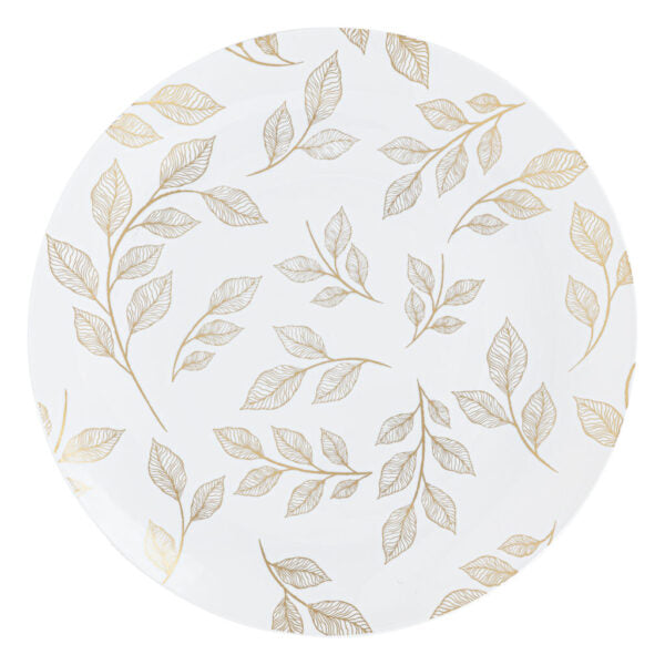 10-Pack White & Gold Round Plastic Plates - Elegant Botanic Design for Parties, Picnics, and Home Decor
