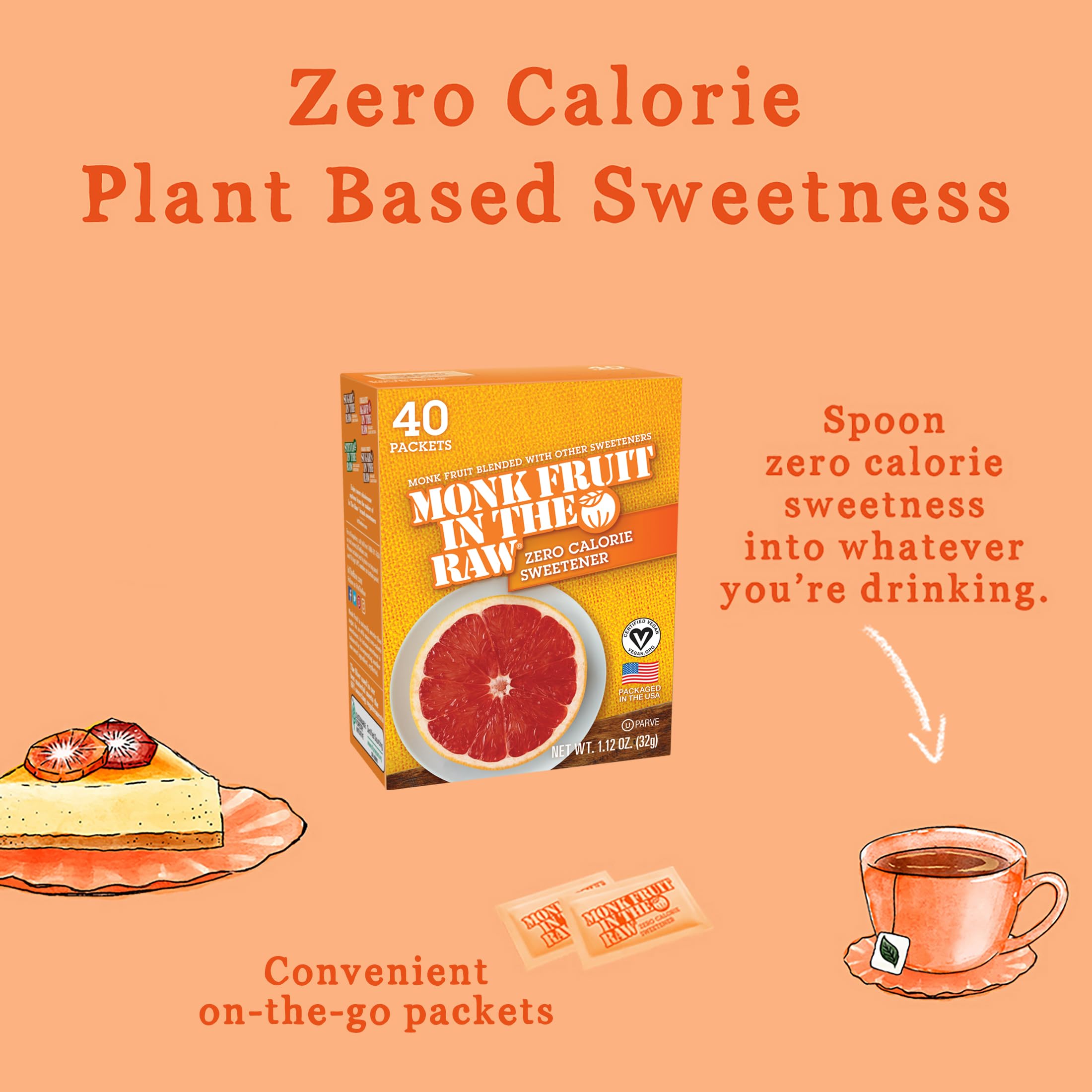 MONK FRUIT IN THE RAW - Natural Monk Fruit Sweetener, Sugar-Free, Gluten-Free, Zero Calorie, Vegan Sugar Substitute, 40 Count Packets (Pack of 8) - Perfect for Coffee, Tea, Baking & Keto Diet