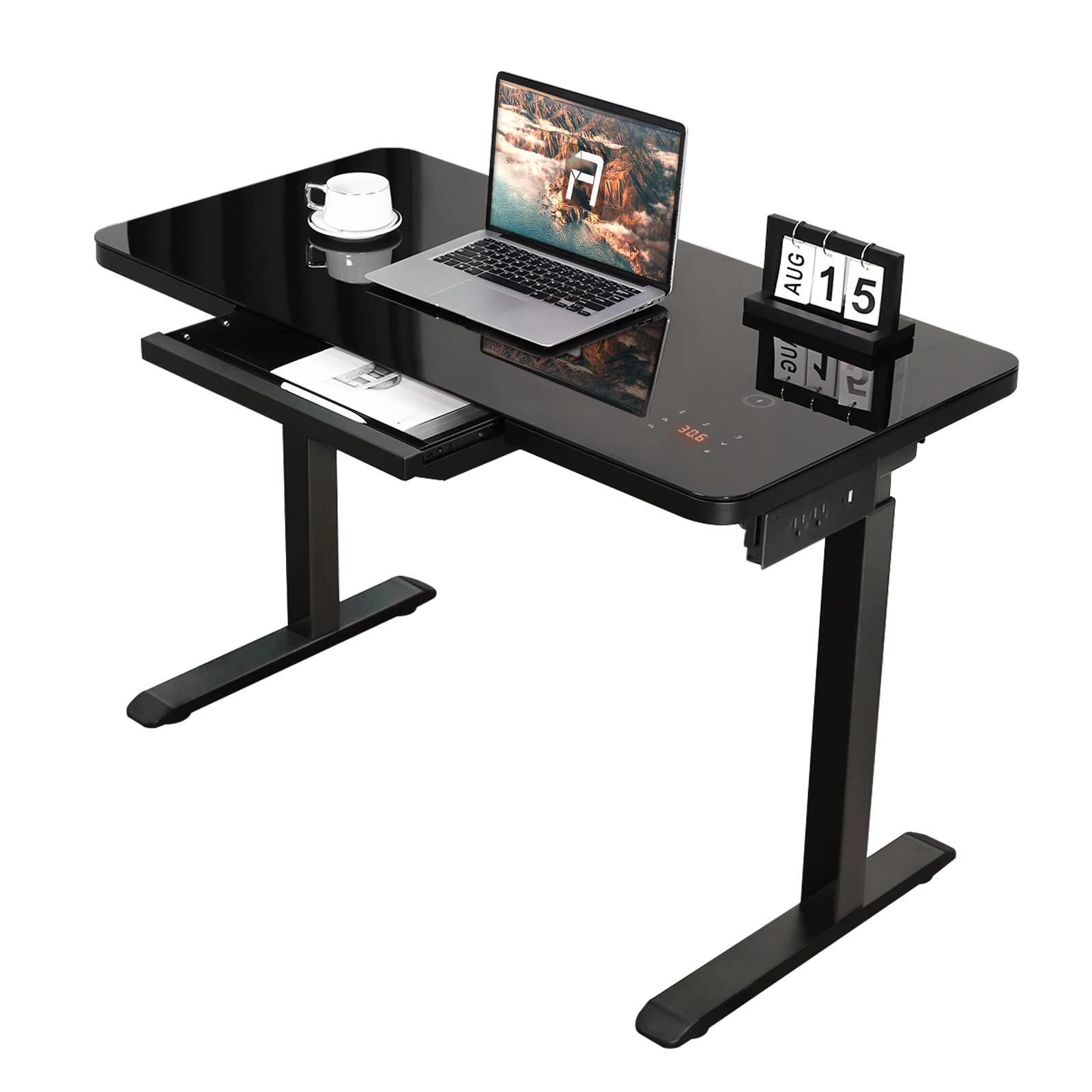 AIMEZO 45 x 23 Inches Height Adjustable Standing Desk with Tempered Glass Top - Modern Ergonomic Home Office Desk with Drawers (Black) | Perfect for Remote Work, Gaming Setup & Study Space