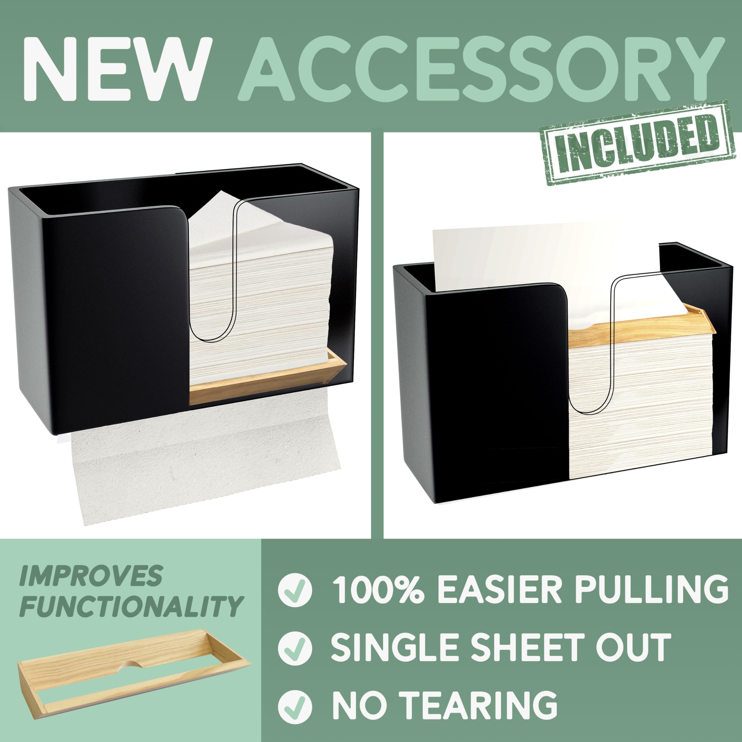 Eco-Friendly Bamboo Paper Towel Dispenser with Removable Tray - Wall Mount & Countertop Holder for C-Fold/Z-Fold/Tri-Fold Towels - Perfect for Commercial Kitchens, Restaurants & Bathrooms - Durable Black Design