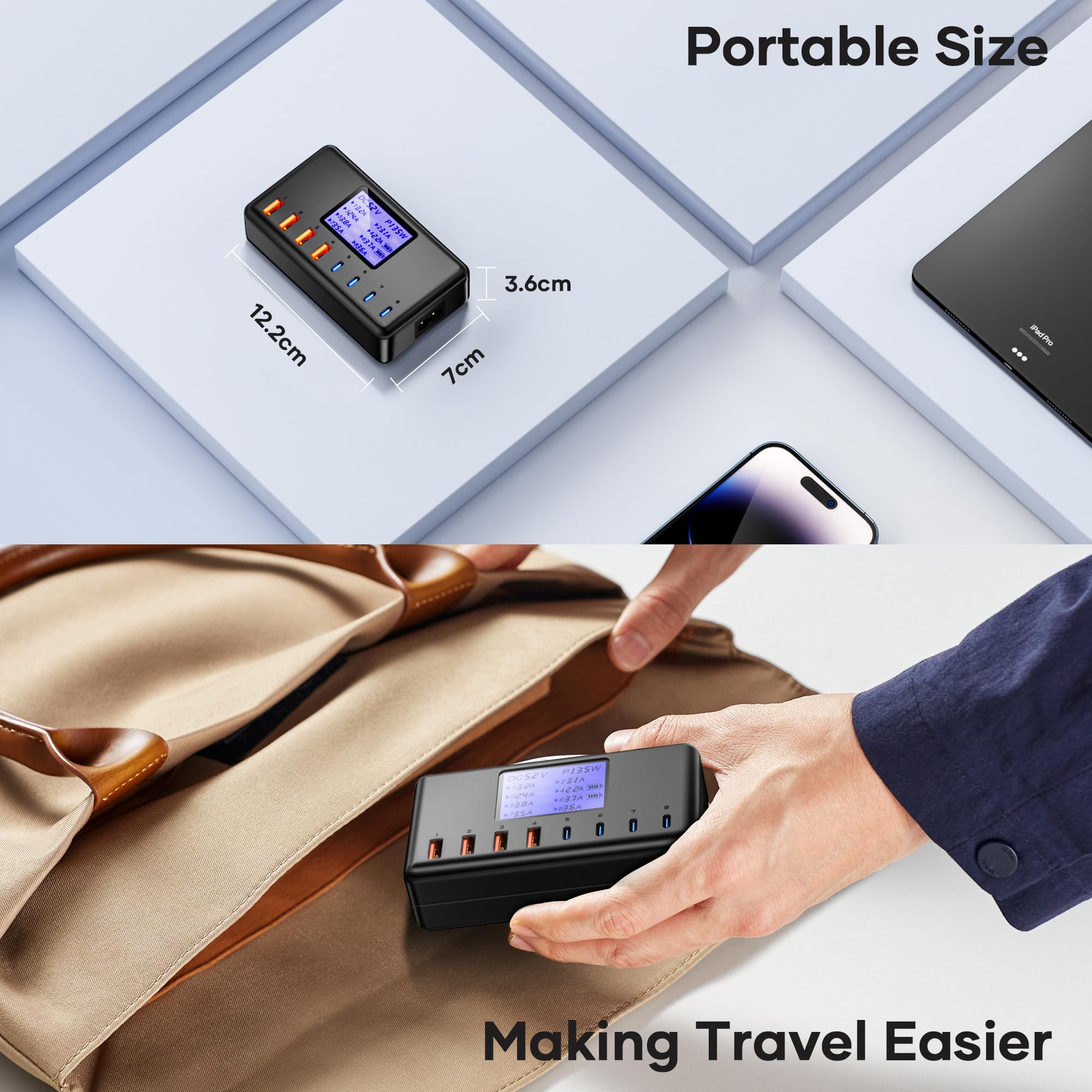 200W 8-Port USB C Fast Charging Station with LCD Display - 4 USB-C & 4 USB-A Ports for iPhone 15/14/13, Samsung S24, iPad, MacBook - Multi-Device Charger Hub for Home, Office, Travel & Gaming Setup