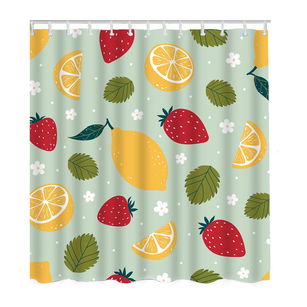 Floral Fruit Shower Curtain Set - Yellow Lemon, Red Strawberry & Green Leaves Design - 66x72 Inch Polyester Bathroom Decor with Hooks - Perfect for Farmhouse, Cottage or Tropical Themed Bathrooms