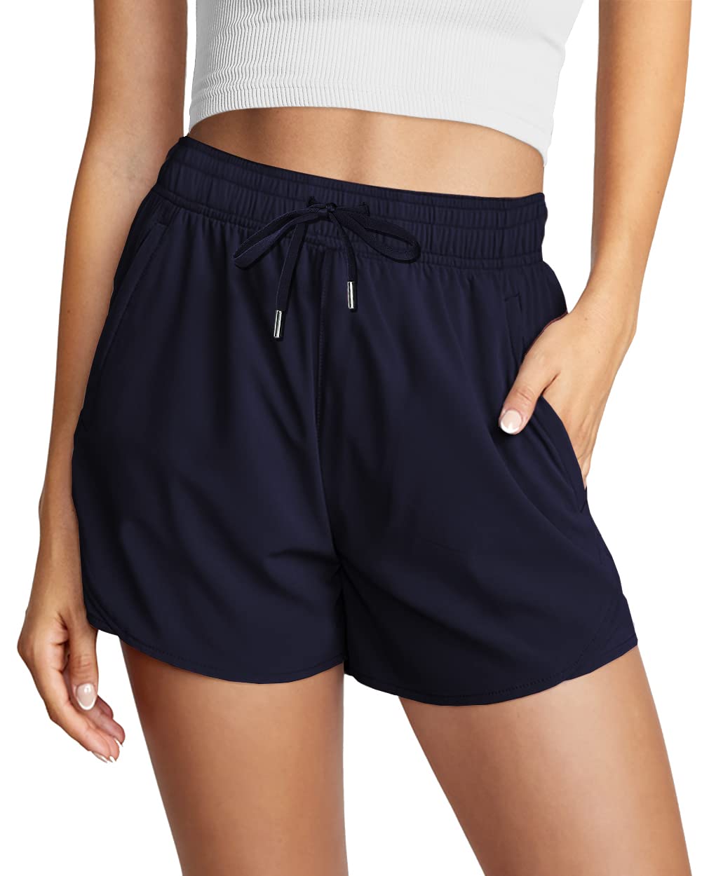 AUTOMET Women's High Waisted Quick-Dry Running Shorts with Lined Inner & Drawstring Waist - Breathable Workout Athletic Shorts with Pockets for Gym, Yoga, Jogging & Outdoor Activities