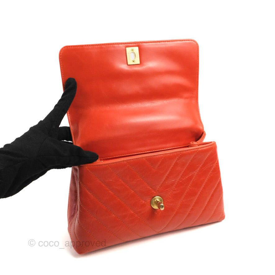 Chanel Chevron Small Coco Handle Bag in Dark Orange Shiny Aged Calfskin with Aged Gold Hardware - Perfect for Evening Events & Luxury Fashion Accessories
