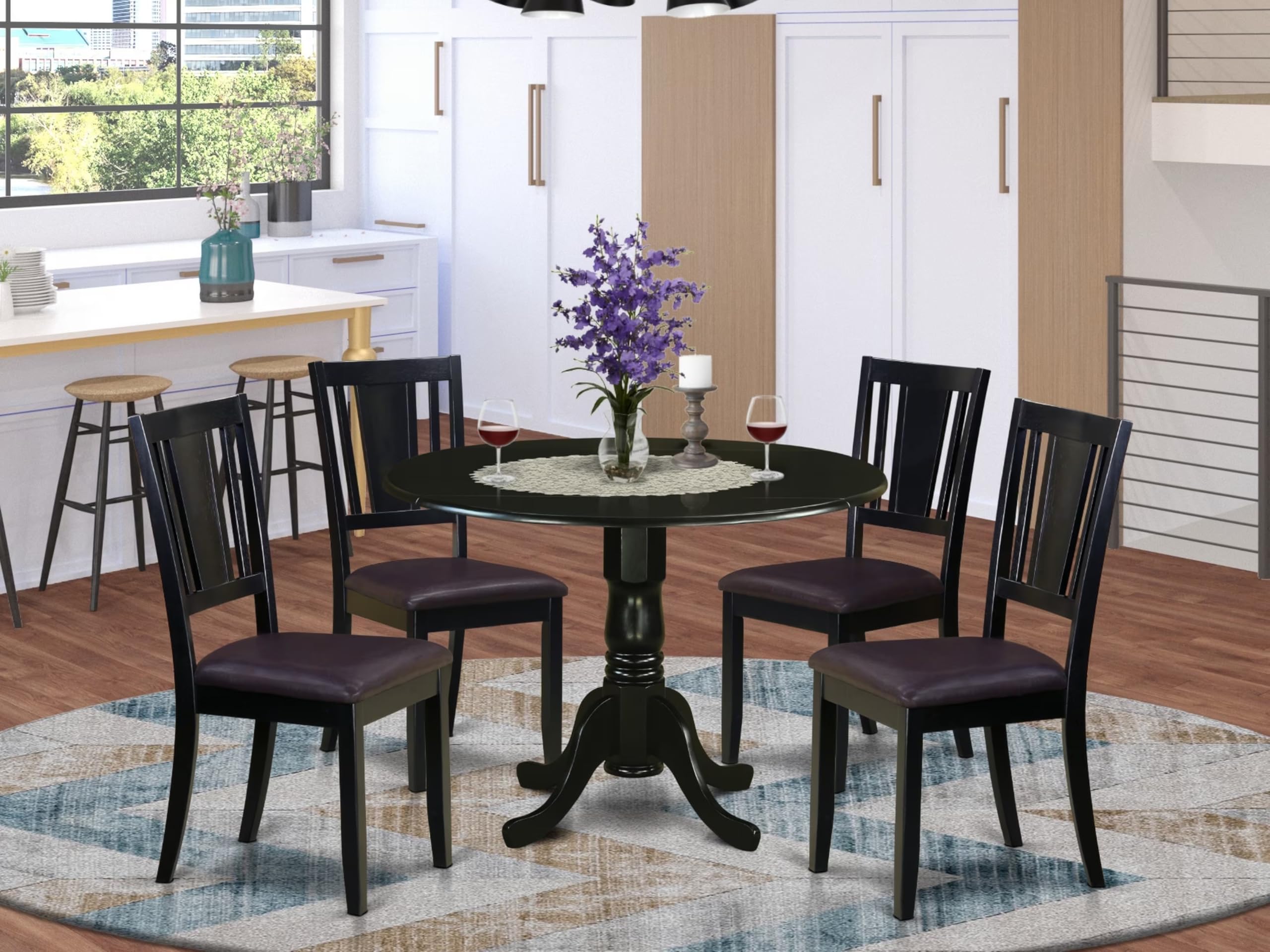 East West Furniture 5-Piece Modern Dining Set - Round Wooden Table with Drop Leaf & 4 Faux Leather Chairs, 42x42 Inch, Black - Perfect for Small Kitchen, Breakfast Nook, or Apartment Dining Area