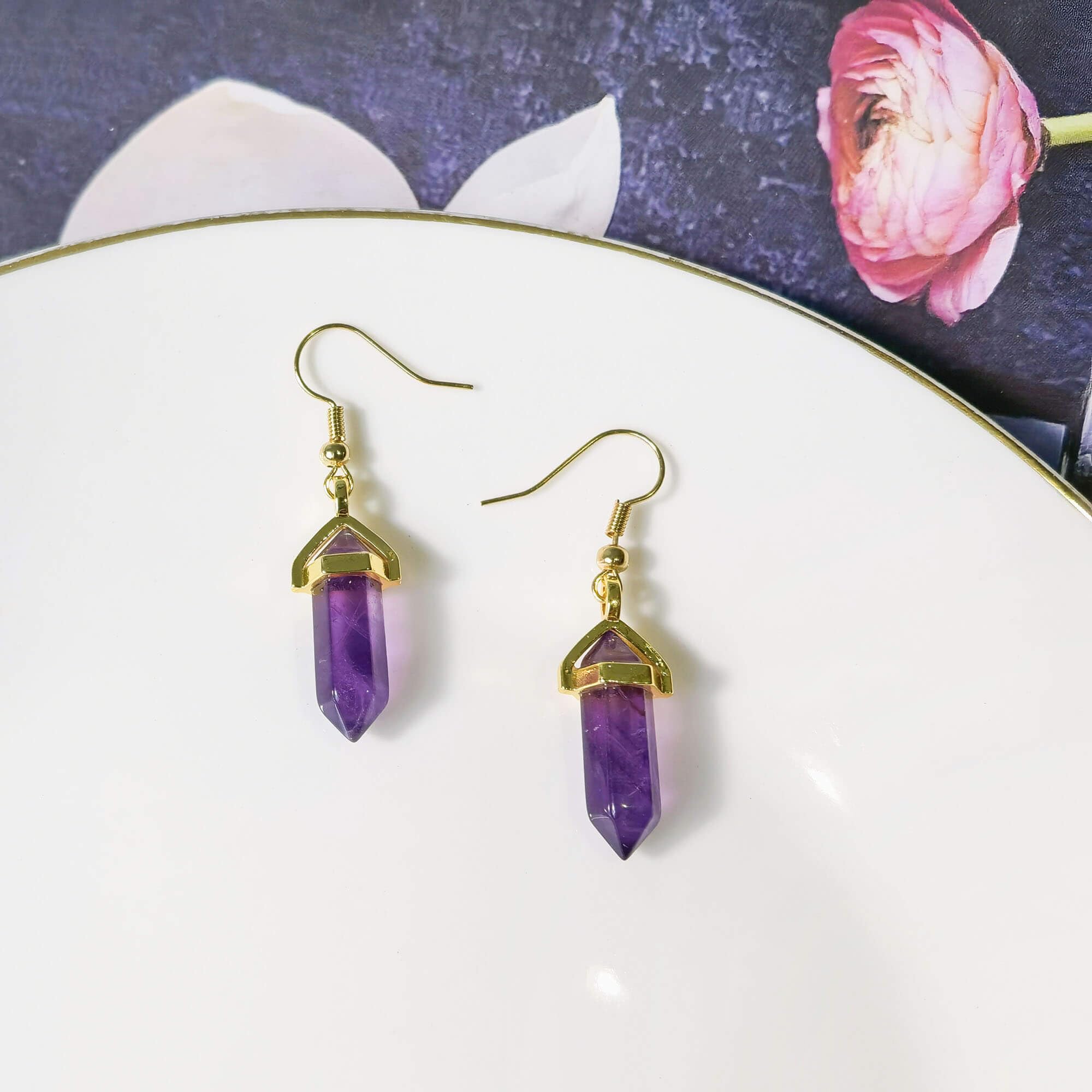 Natural Rose Quartz Earrings for Women - Unique Healing Crystal Dangle Drop Earrings with Gold Hexagonal Points & Stainless Steel Fish Hook | Reiki Gemstone Jewelry for Meditation, Yoga & Spiritual Healing