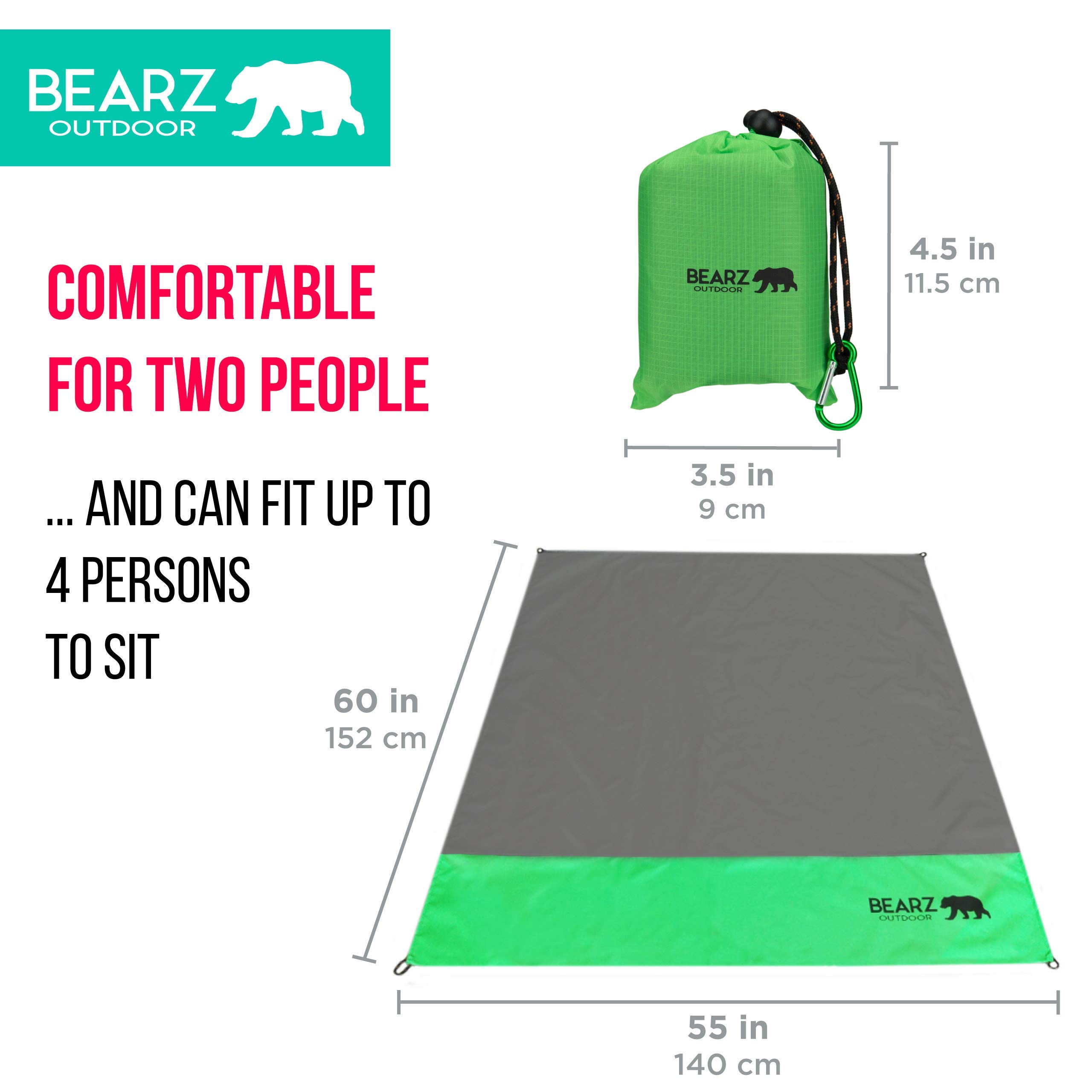 Waterproof Portable Pocket Blanket for Beach, Camping & Picnic - Lightweight Travel Blanket with Stakes - Outdoor Picnic Mat for Park, Hiking & Backpacking (Green)
