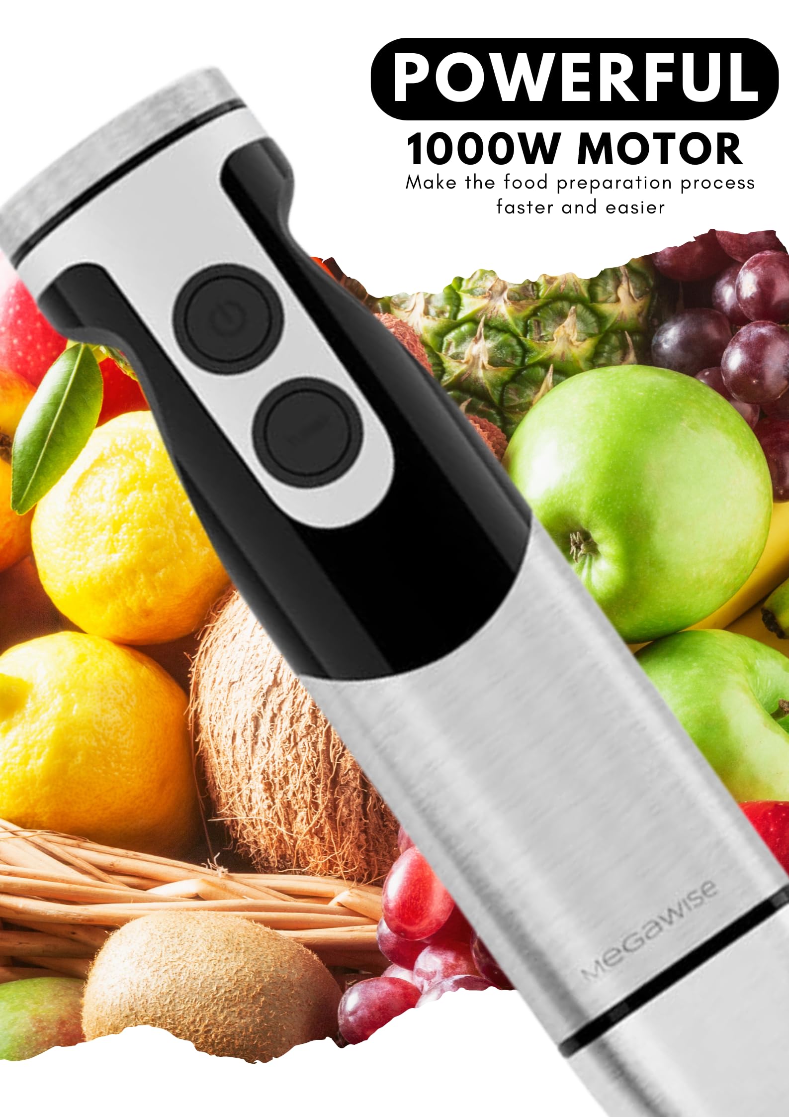 MegaWise 3-in-1 Immersion Hand Blender with Titanium-Reinforced Stainless Steel Blades - 12 Speed Settings, Whisk & Milk Frother Included - Powerful 800W Motor for Smoothies, Soups & Baking (Black) - Perfect for Kitchens, Restaurants & Home Chefs