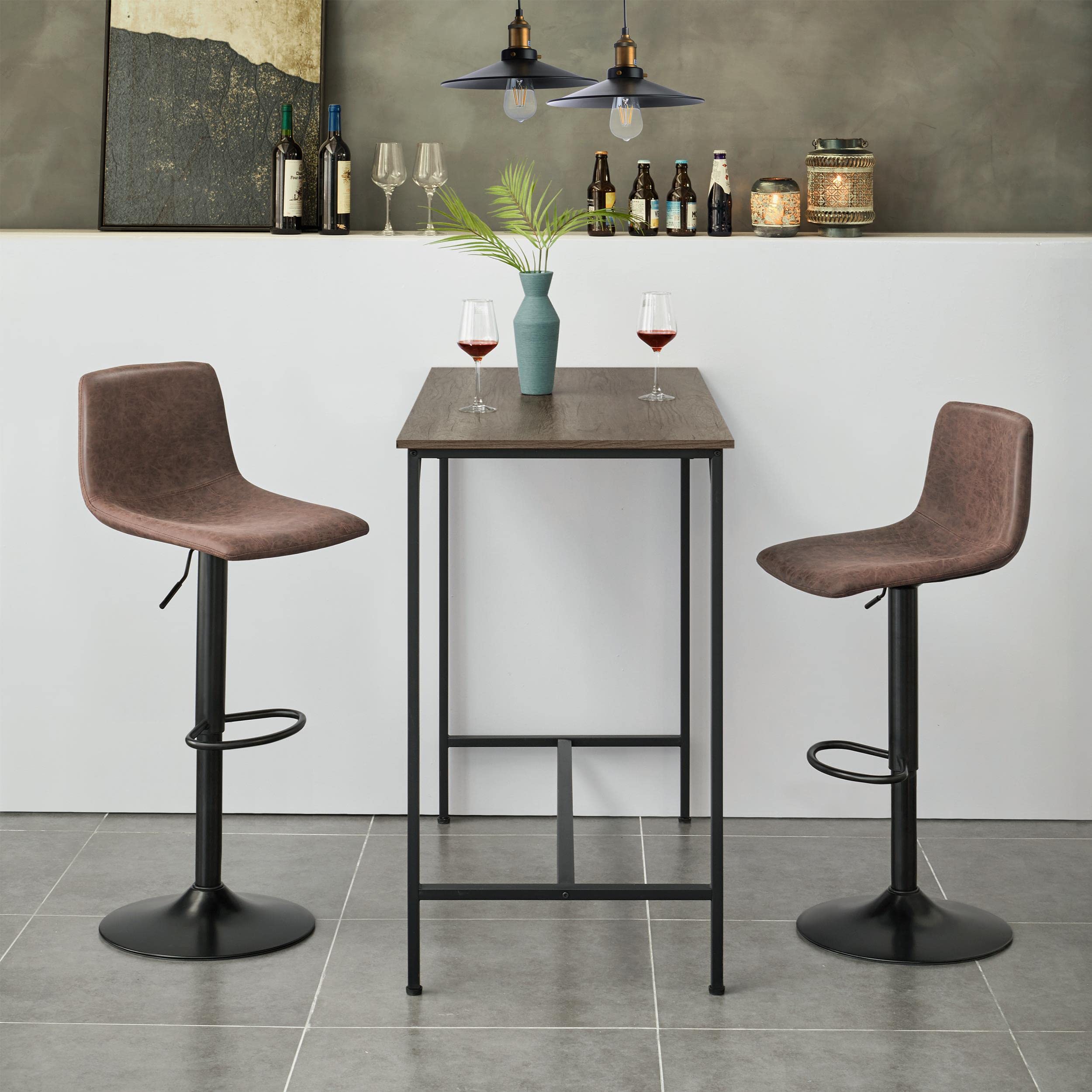 Vintage Retro Rustic Swivel Bar Stools Set of 2 - Adjustable Height Kitchen Counter Stools for Dining Room, Bar & Pub - Brown Wooden Bar Chairs with Arts Design