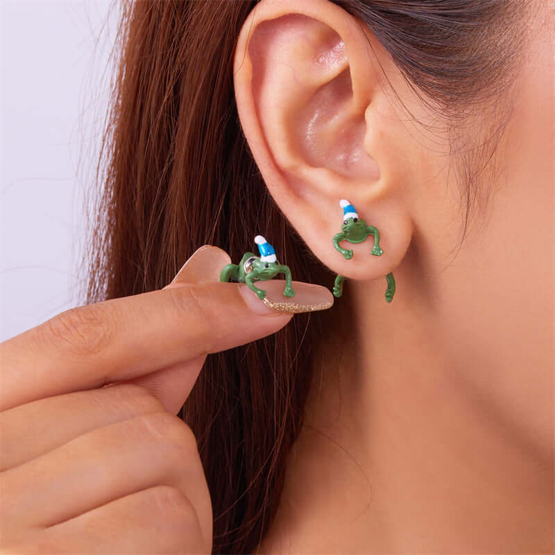 Quirky Frog Christmas Ear Jacket Front Back Earrings | Holiday Party Jewelry Gift for Women | Perfect for Christmas Celebrations & Festive Outfits