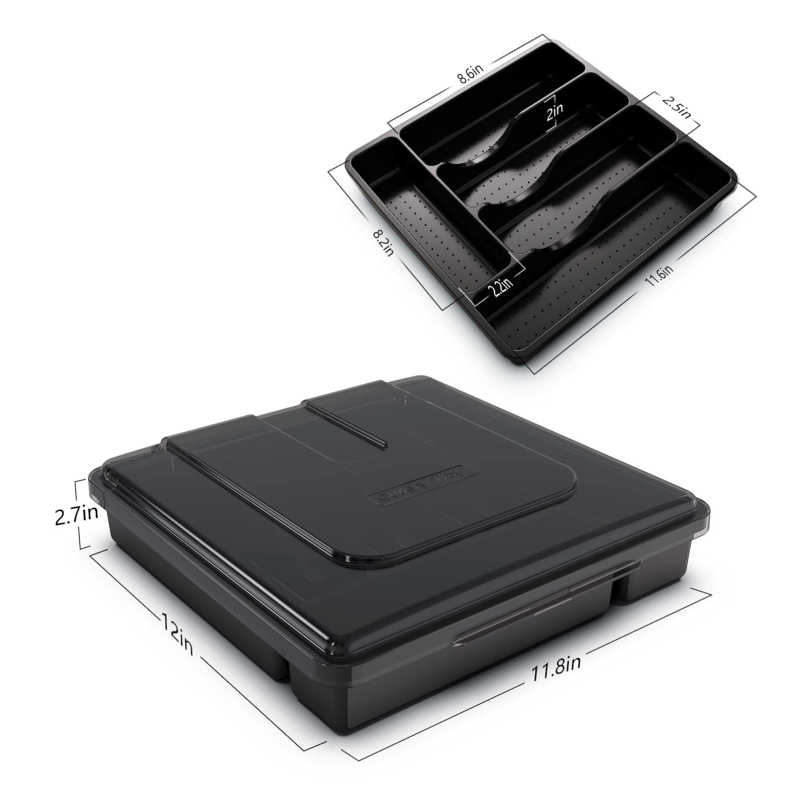 Stainless Steel Silverware Organizer with Lid - 5 Compartment Plastic Utensil Holder for Kitchen Drawer & Countertop - Black Cutlery Tray with Cover for Forks, Spoons, Knives | Perfect for Home, Restaurant & Office Organization