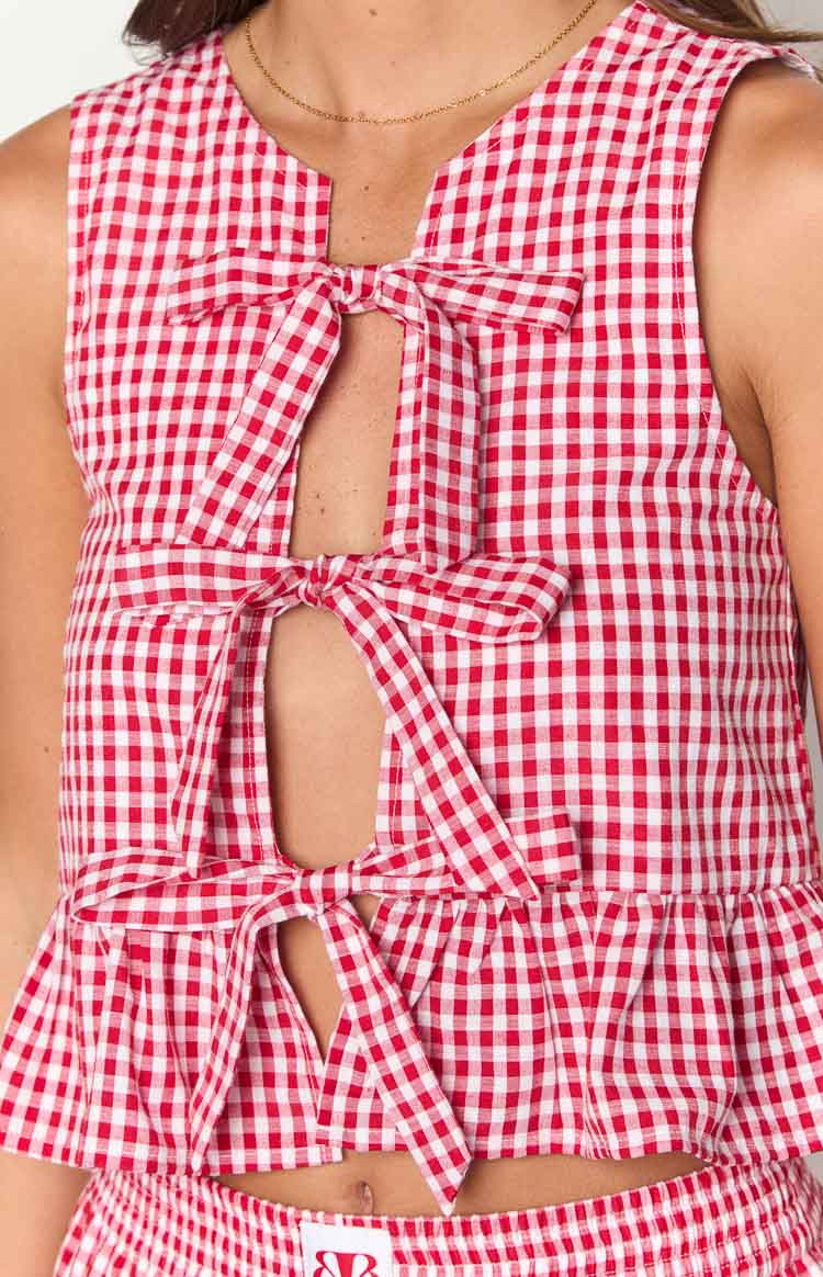 Baxter Red Gingham Top for Women - Stylish Casual Blouse with Button Front & Short Sleeves - Perfect for Summer Outfits, Picnics, and Date Nights