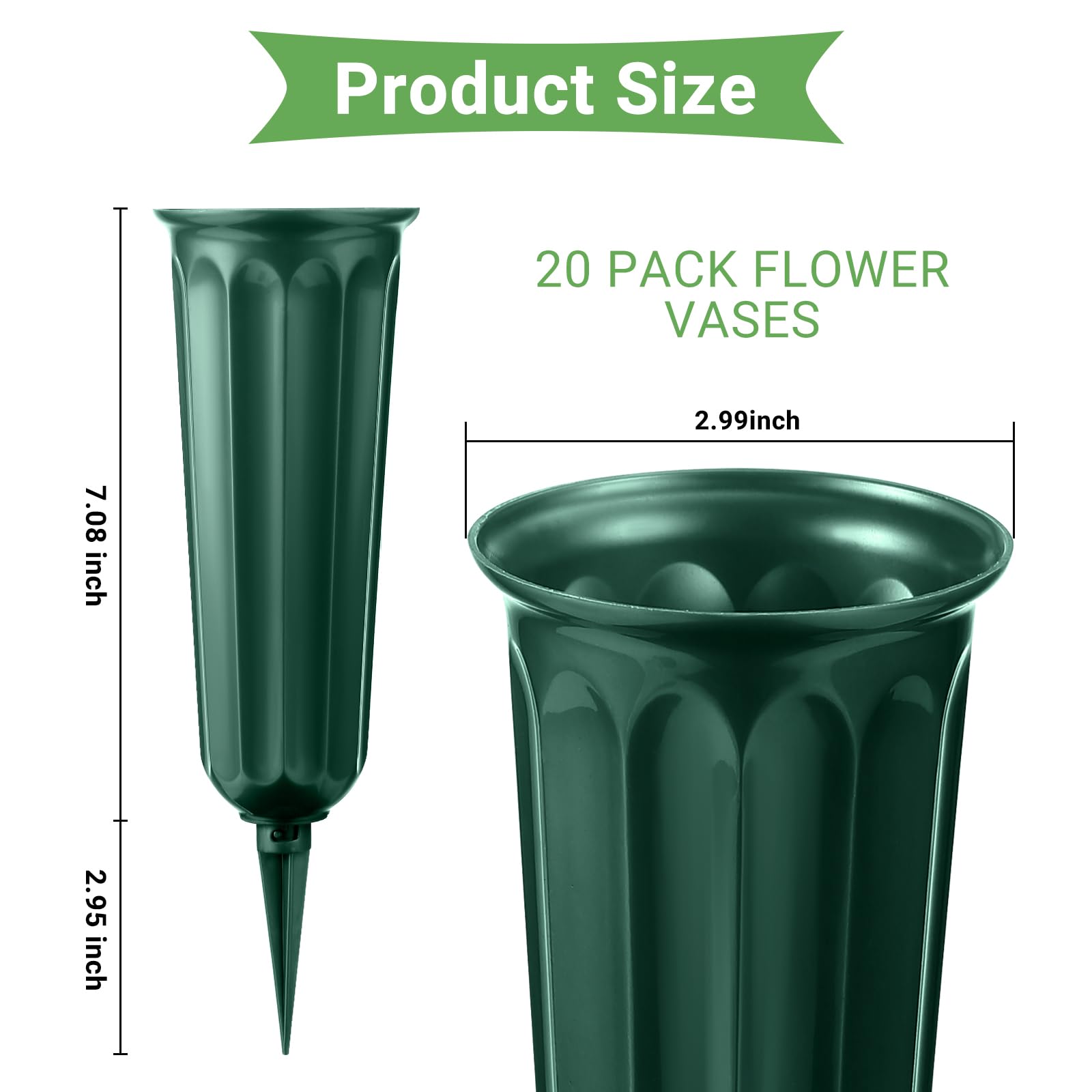 20 Pack Green Plastic Cemetery Vases with Spikes - Durable Grave Flower Holders for Memorial Decorations, Floral Arrangement Vases for Headstones - Perfect for Graveside Tributes & Cemetery Displays