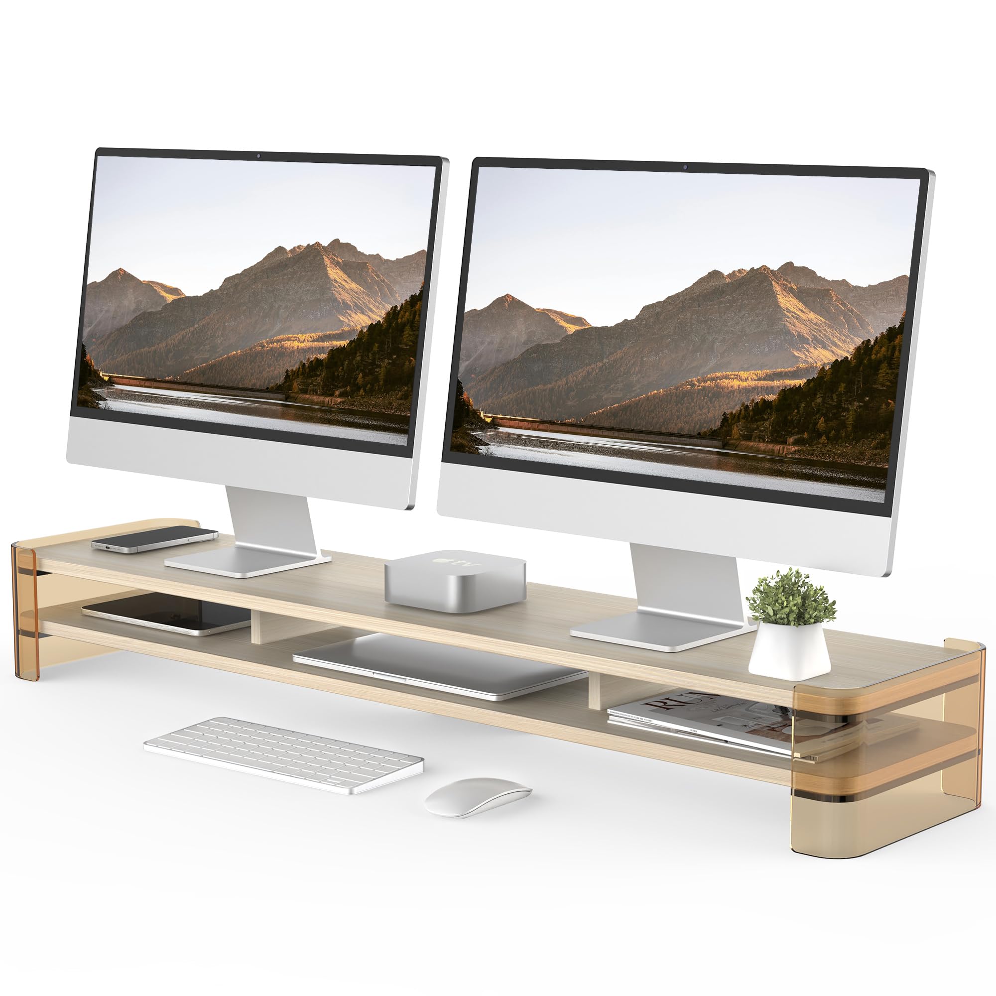 FENGE 2-Tier Acrylic Monitor Stand Riser - Sturdy Transparent Computer Desk Organizer for Home Office & Workspace - PC Laptop Accessories for Better Ergonomics & Desk Organization