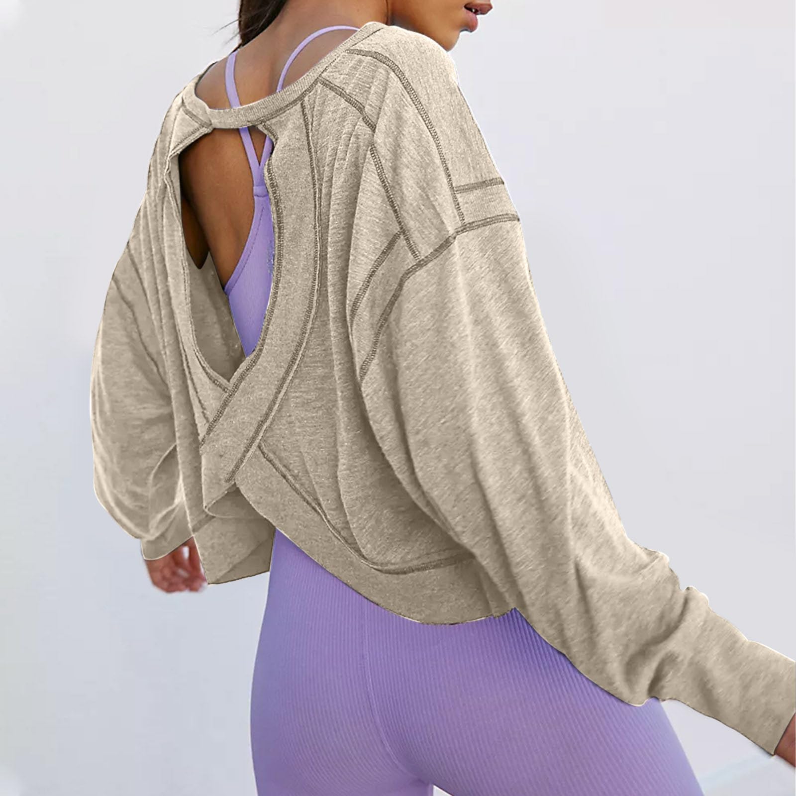 Women's Open Back Long Sleeve Shirts - Loose Fit Athletic Yoga Top with Thumb Holes for Workout, Running & Gym | Breathable Cropped Tee for Yoga, Pilates & Outdoor Activities