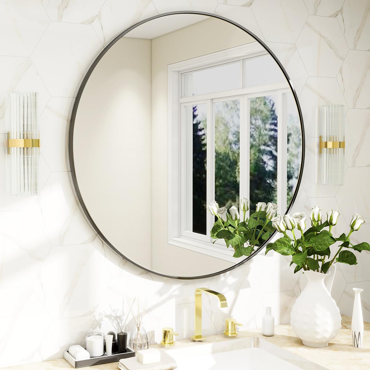 BEAUTYPEAK 20 Inch Round Mirror - Black Metal Frame Circle Wall Mirror for Entryway, Bathroom, Vanity & Living Room - Perfect for Home Decor & Makeup Application