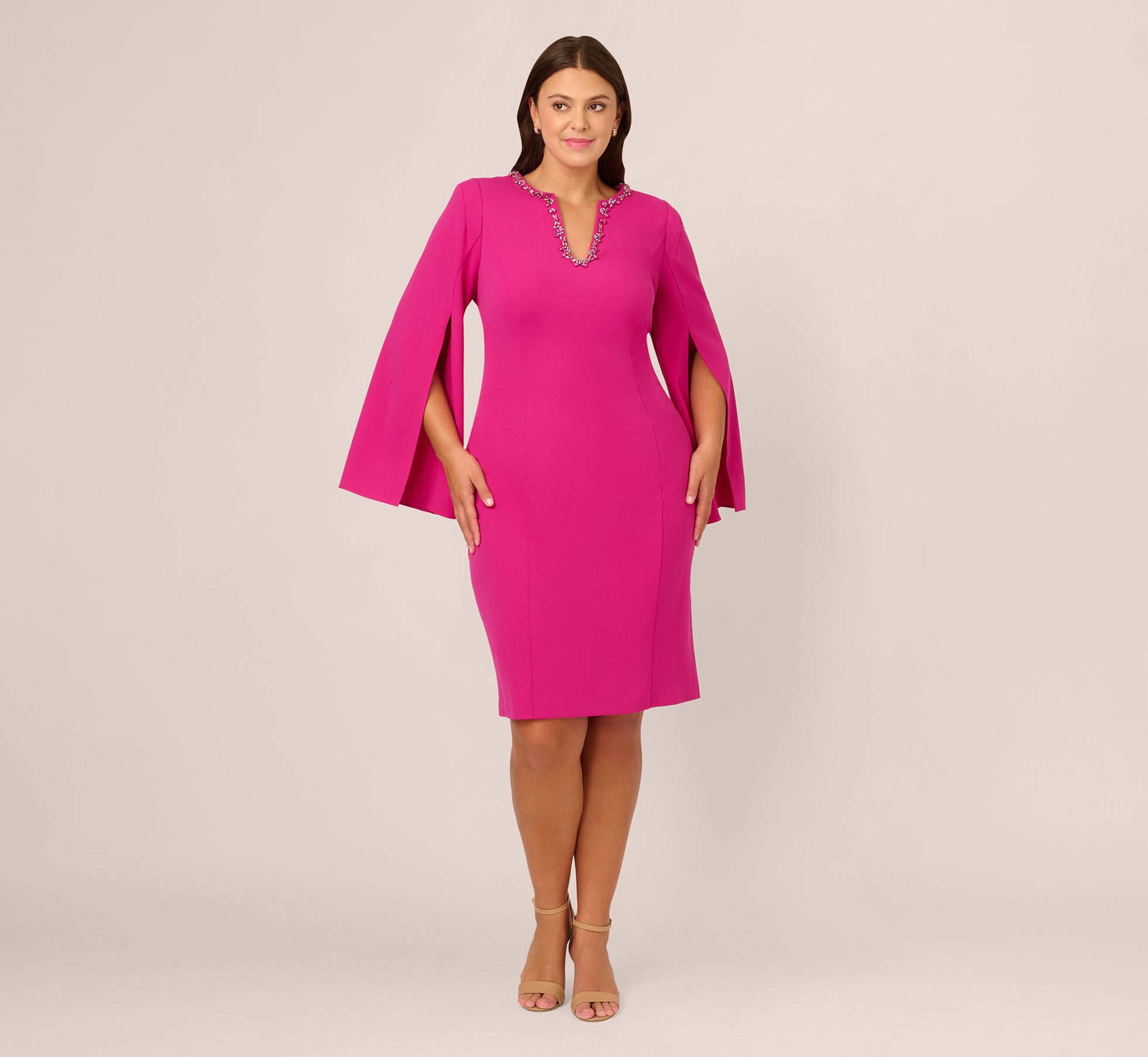 Plus Size Knit Crepe Jewel Short Dress in Berry Rose - Flattering Women's Midi Dress for Casual Wear, Date Night & Special Occasions