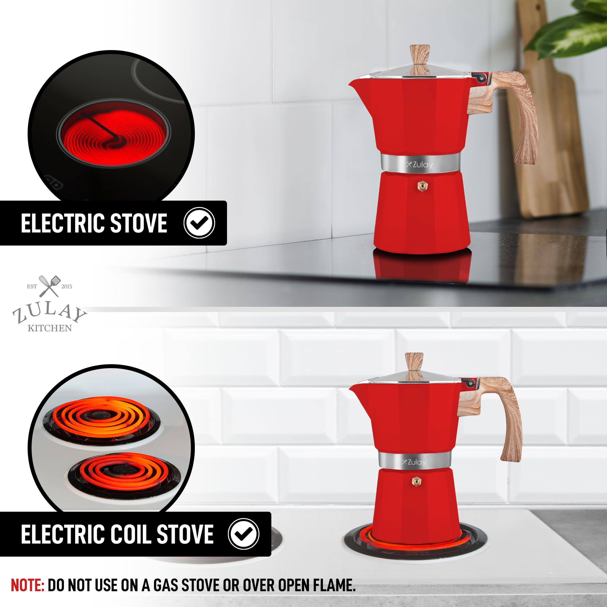 Zulay Stovetop Espresso Maker - 3 Cup Moka Pot for Classic Italian & Cuban Coffee - Portable Percolator for Camping, Travel & Home Use - Stainless Steel Coffee Maker (Red) - Perfect for Outdoor Adventures & Morning Brews
