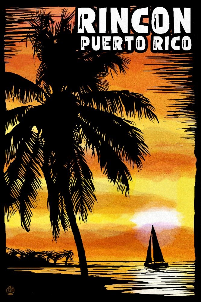 Rincon Puerto Rico Palm Sunset Scratchboard Art Print - 24x36 Signed Wall Decor Poster for Living Room, Bedroom & Office