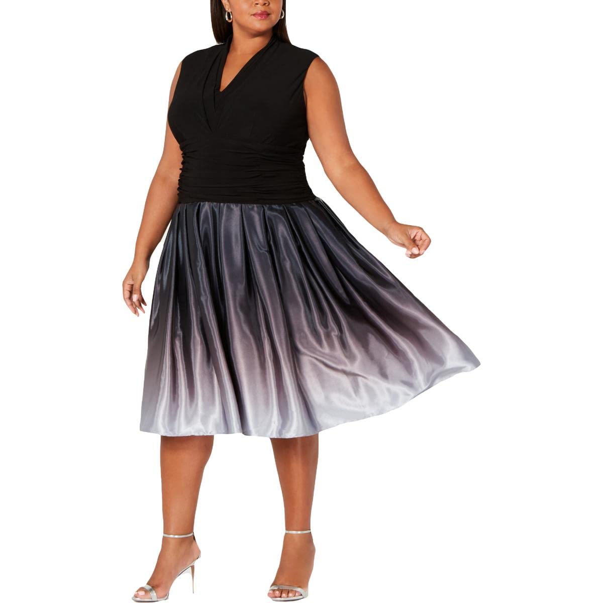 S.L. Fashions Plus Size Women's Tea-Length Fit & Flare Dress with Tuck Neck - Elegant Church, Wedding Guest & Special Occasion Outfit