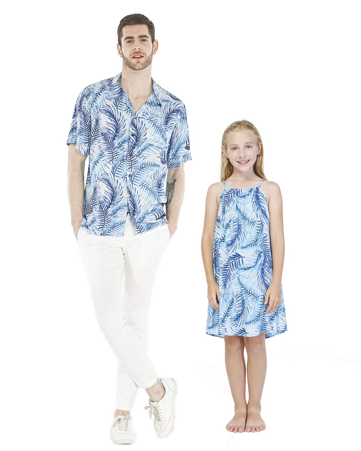 **Father Daughter Matching Hawaiian Luau Shirts - Round Neck Aloha Dress Set for Beach Party, Vacation & Family Photos**
