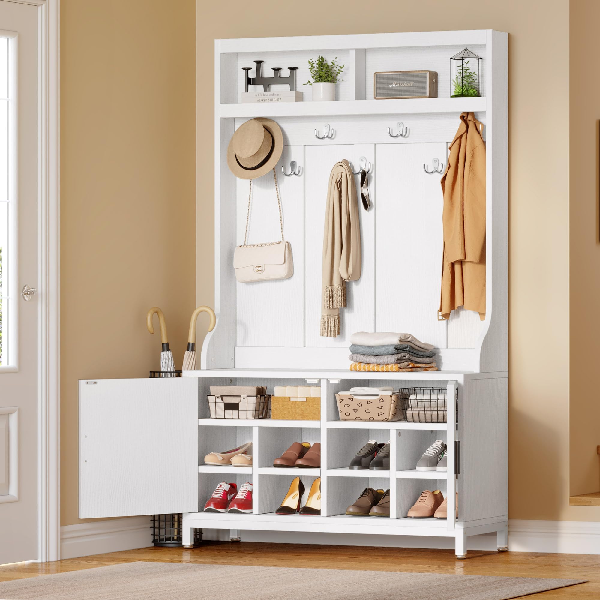 YITAHOME 4-in-1 Entryway Hall Tree with Shoe Storage Bench, Coat Rack & Hanging Hooks - Adjustable Shoe Organizer for Foyer, Mudroom & Home Entrance - Perfect for Storing Shoes, Coats & Accessories in White