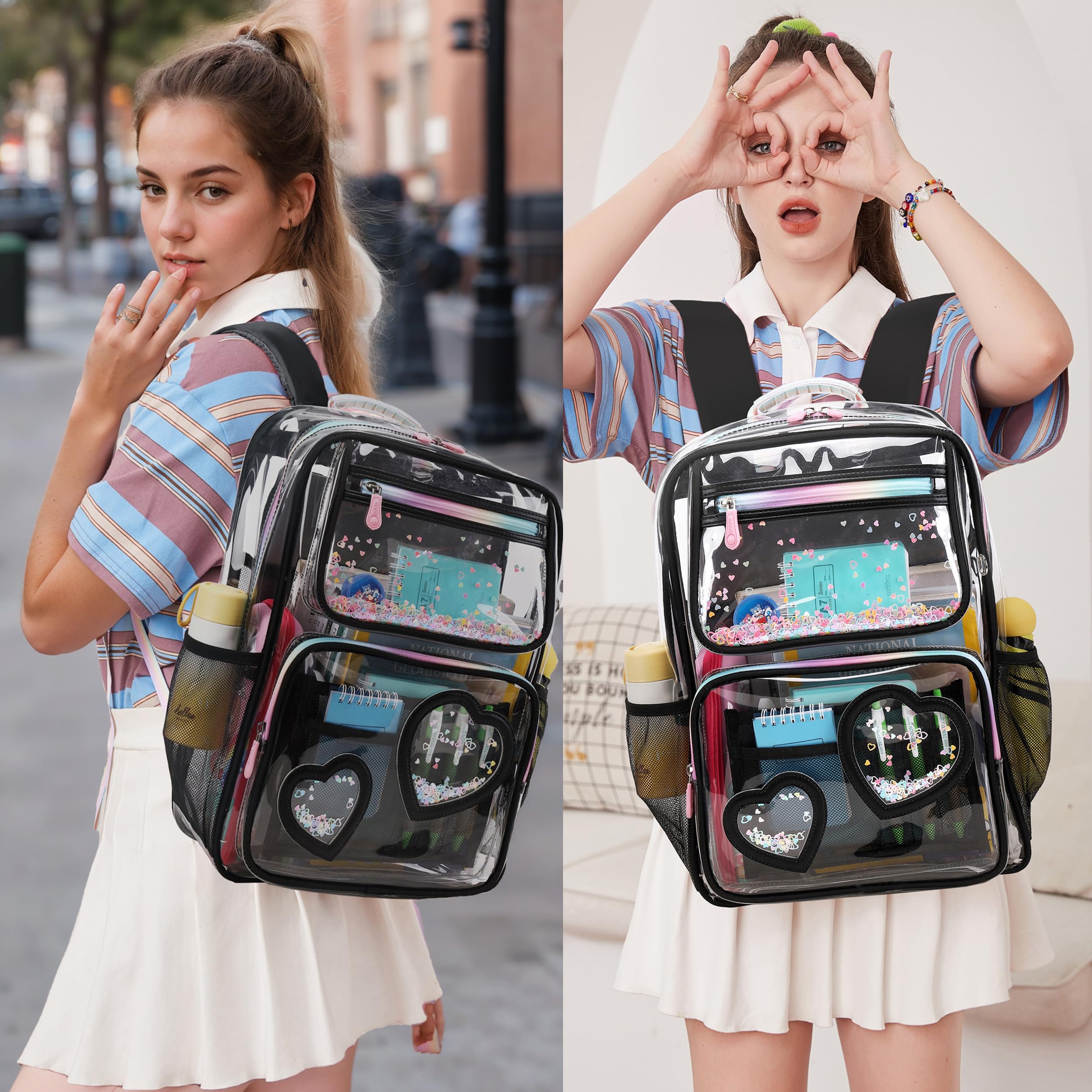 Caoroky Knight Clear Stadium Backpack - Heavy Duty TPU Transparent Bookbag for Women, Girls & Kids - Perfect for School, Travel, Concerts & Events (Black)