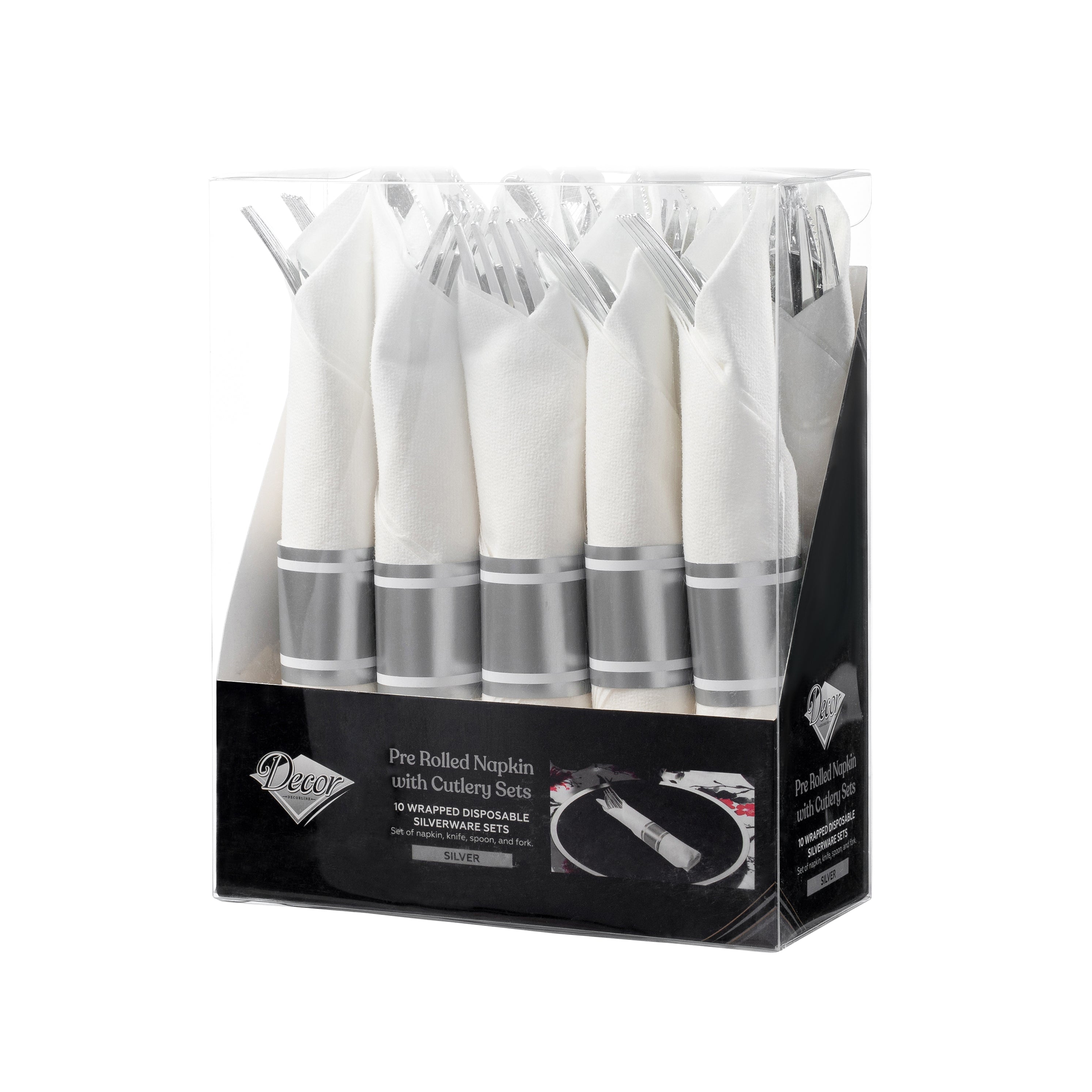 Premium Silver Disposable Plastic Cutlery Set - 10-Piece White Napkin Roll Bundle for Parties, Picnics & Catering Events | Elegant Tableware for Weddings, BBQs & Office Luncheons