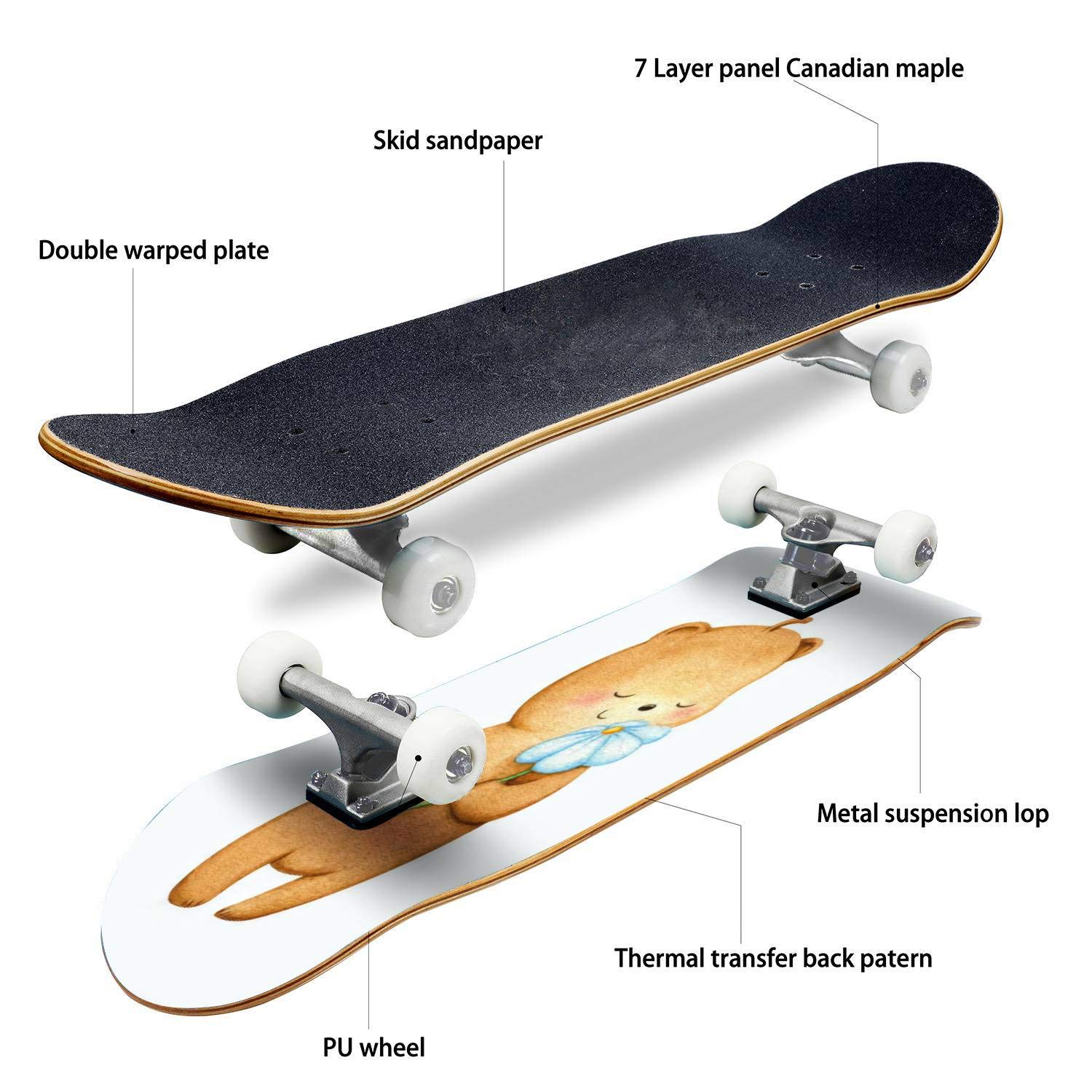 Cute Bear Character Skateboard with Flower Design - Classic Concave Longboard for Beginners & Pros | Perfect Teen Gift for Extreme Sports & Street Skating