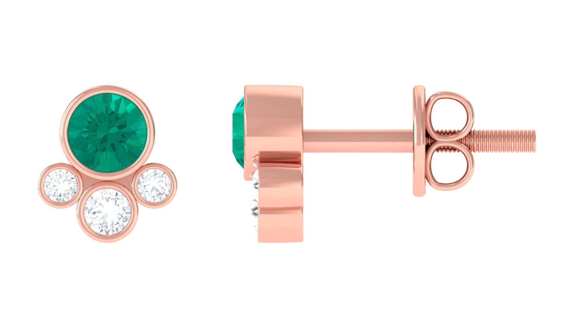 14K Solid Gold Emerald and Diamond Stud Earrings for Women – Bezel Set Contemporary Cluster Earrings | Perfect for Weddings, Parties & Special Occasions