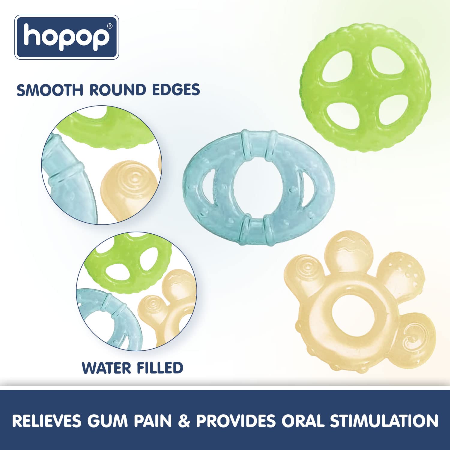 Hopop Baby Teether for 3-12 Months - BPA Free Cooling Water Filled Teether with Multi-Textured Surfaces to Soothe Gums - Easy Grip Design - Pack of 3 Yellow Teethers - Perfect for Teething Relief at Home, Travel & Daycare