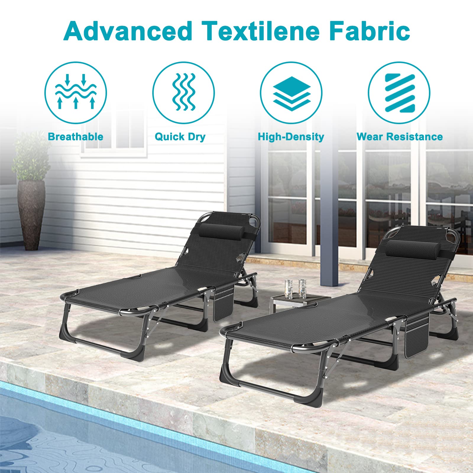ABORON 5-Position Adjustable Folding Camping Cot for Adults - Portable Outdoor Sleeping Cot with Pillow, Reclining Lounge Chair for Beach, Pool, Lawn, Backyard & Camping - Perfect for Sunbathing, Relaxing & Travel