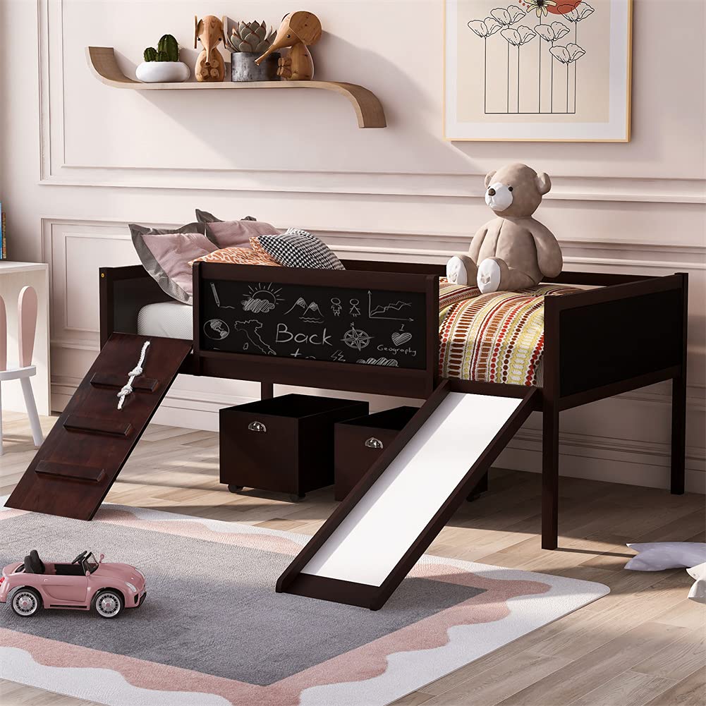 **Twin Size Low Loft Bed with Slide & 2 Storage Boxes - Easy Assembly Wooden Loft Bed (Espresso) - Perfect for Kids' Bedroom, Dorm Room & Small Spaces**
