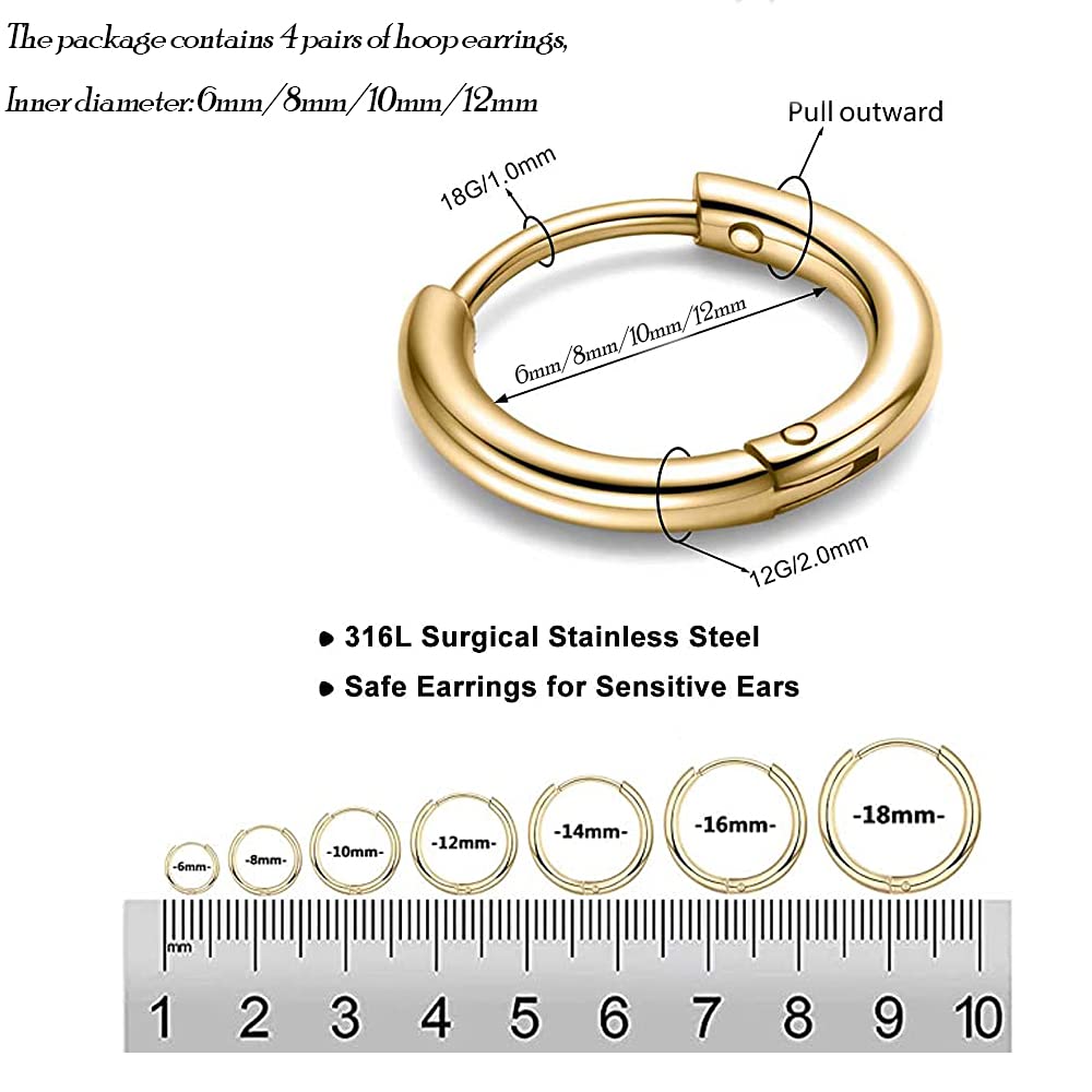 316L Surgical Stainless Steel Huggie Hoop Earrings - 6mm 8mm 10mm 11mm 12mm 14mm Hypoallergenic Cartilage Helix Earrings for Men & Women | Perfect for Daily Wear, Work, Parties & Gifts
