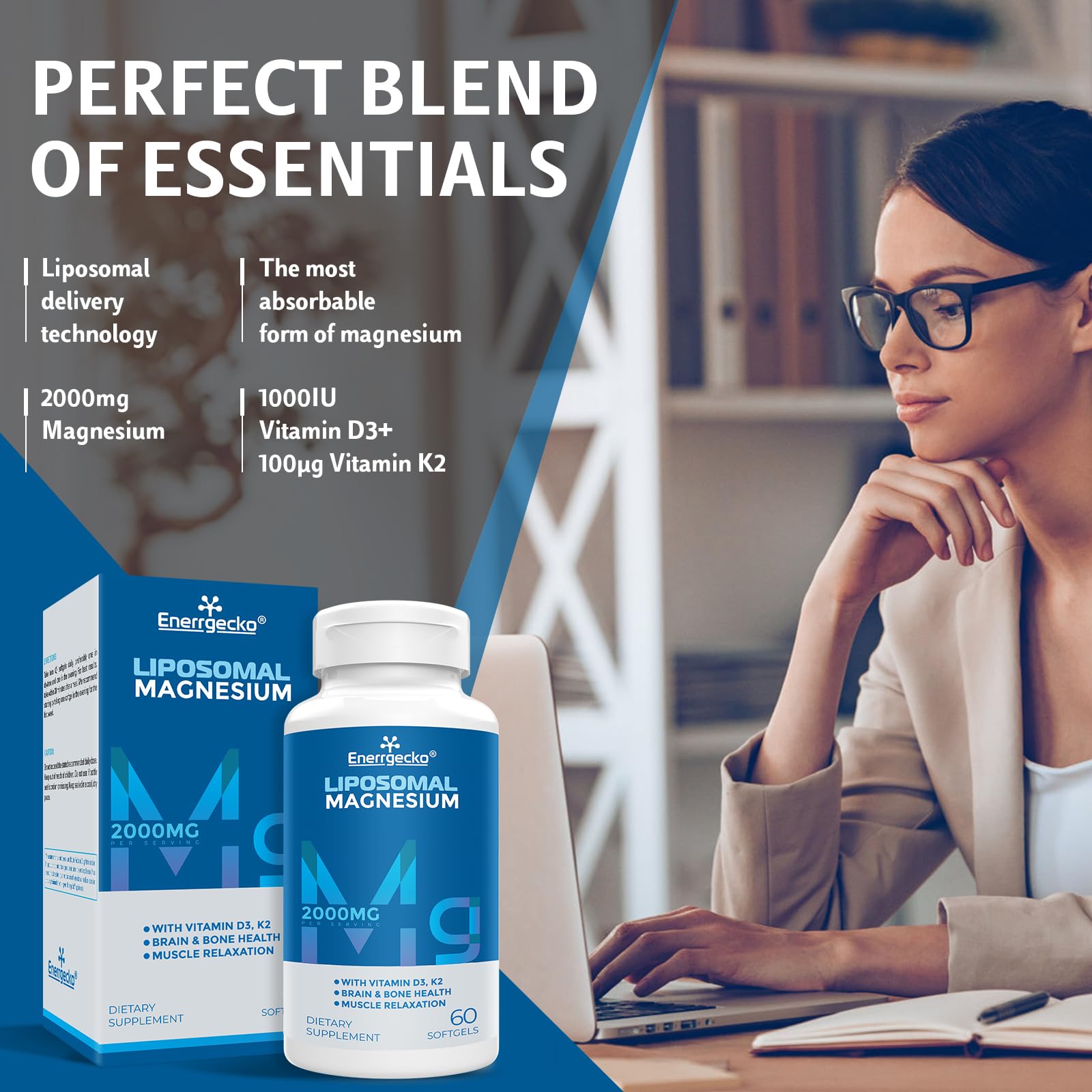 Liposomal Magnesium Softgels 2000mg with Vitamin D3 & K2 - Premium Brain, Bone & Muscle Support Supplement - Non-GMO, Gluten-Free - 60 Softgels for Stress Relief, Sleep Aid & Heart Health