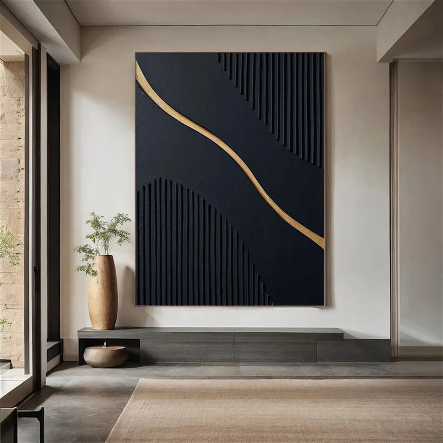Black Gold Minimalist Textured Abstract Wall Art Painting #MZ098 - Modern Home Decor for Living Room, Bedroom & Office